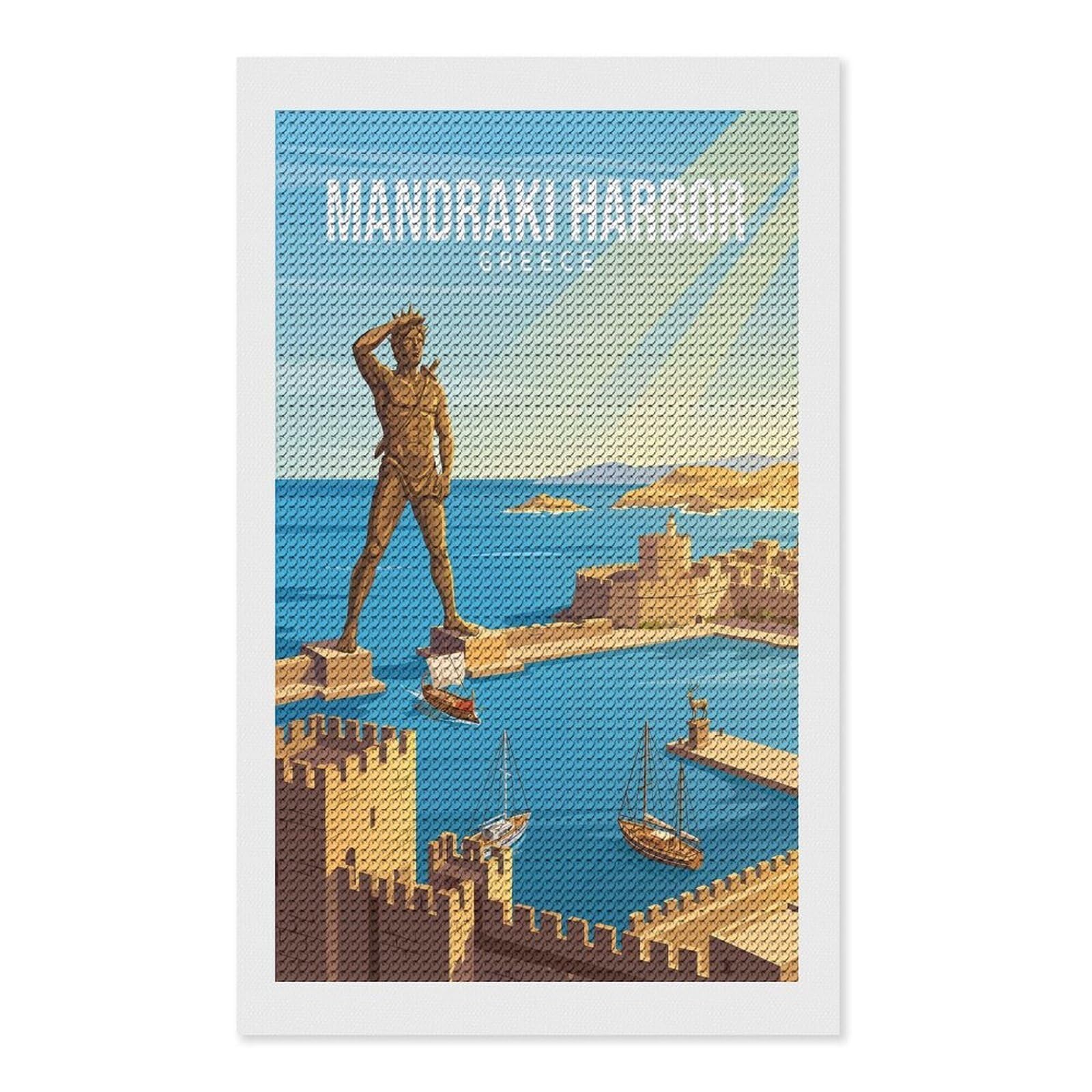 Junmoney Mandraki Harbor Greece Diamond Art Canvas 12"x20", for Creative Relaxation, Simple to Start, Aesthetic Room Decor, Holiday Gift Idea