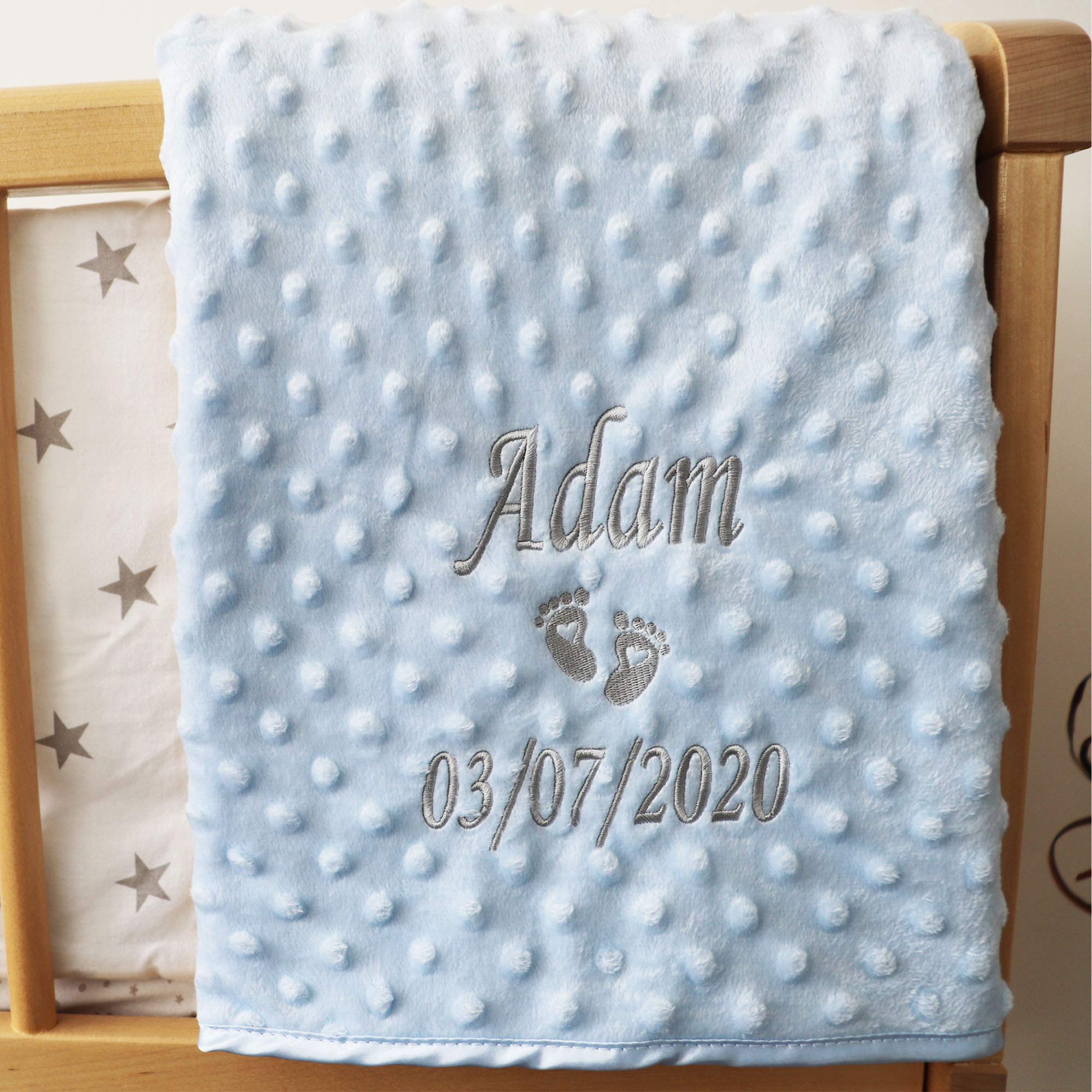 Personalised Baby Blanket Luxury Blue Bubble Style Grey Script Font Name Date Feet Gift