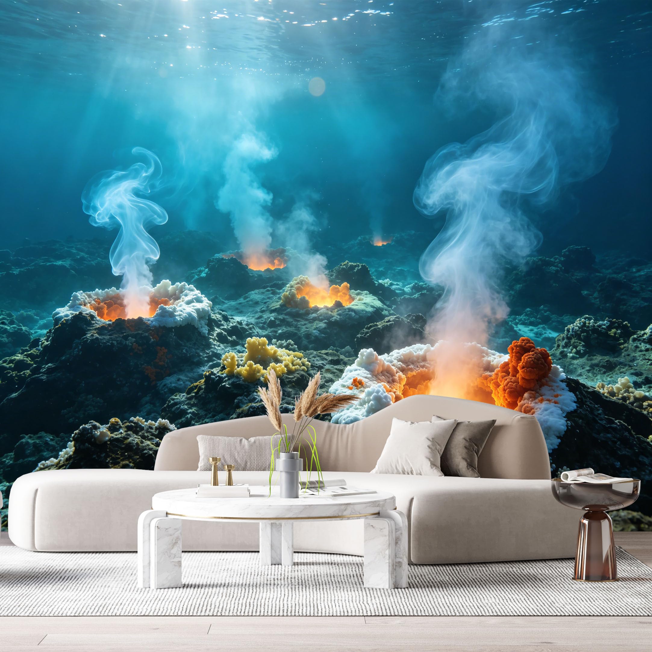 Custom Size Wall Murals Ocean Marine Underwater Volcano Coral Reef Steam Glow SelfAdhesive Wall Fabric Removable Large Wallpaper for Photo Living Room