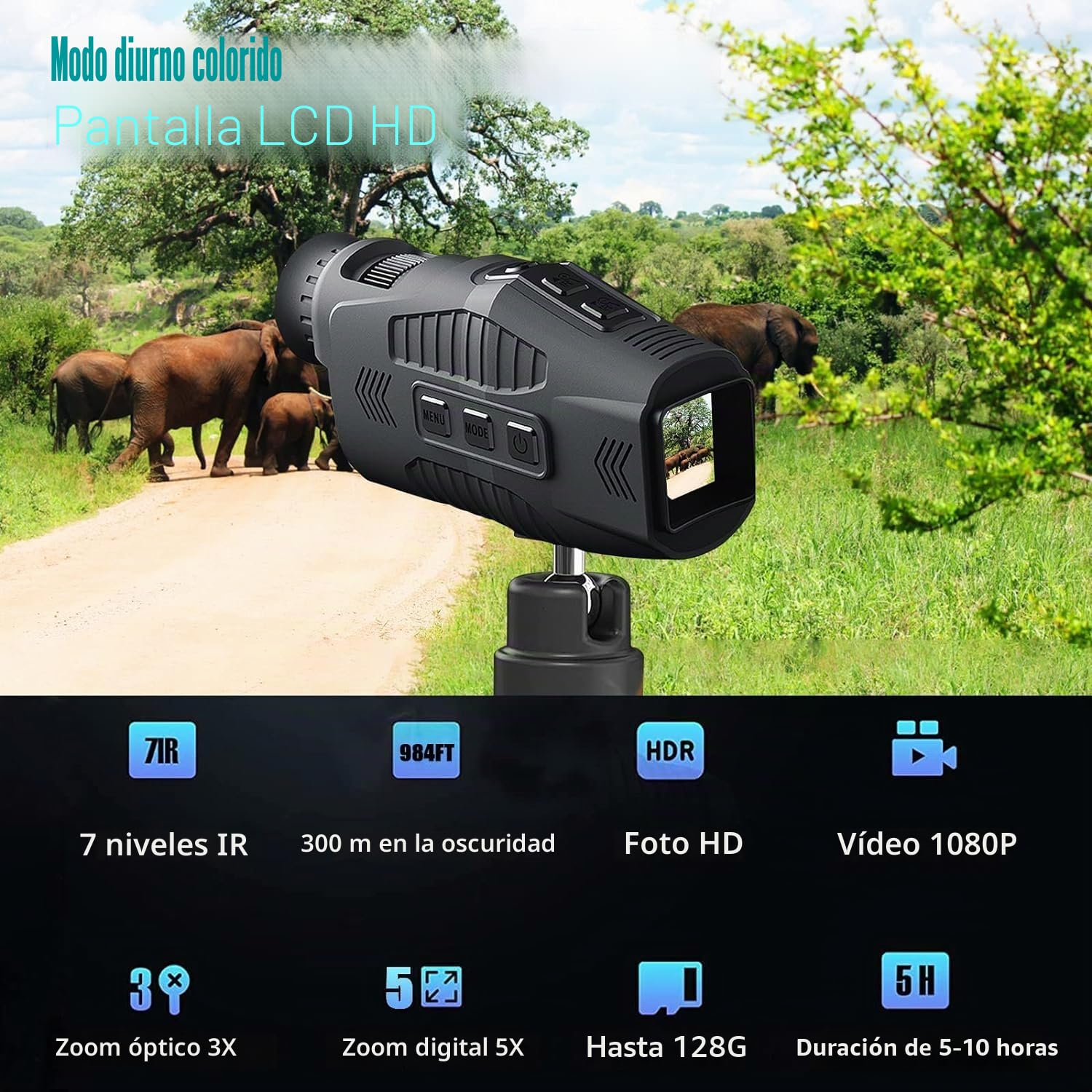 KinZon - Gafas de visión nocturna, monocular digital infrarrojo 1080p, tarjeta SD 64G incluida, zoom digital 5X, distancia de visión 300 m, fotos y vídeos