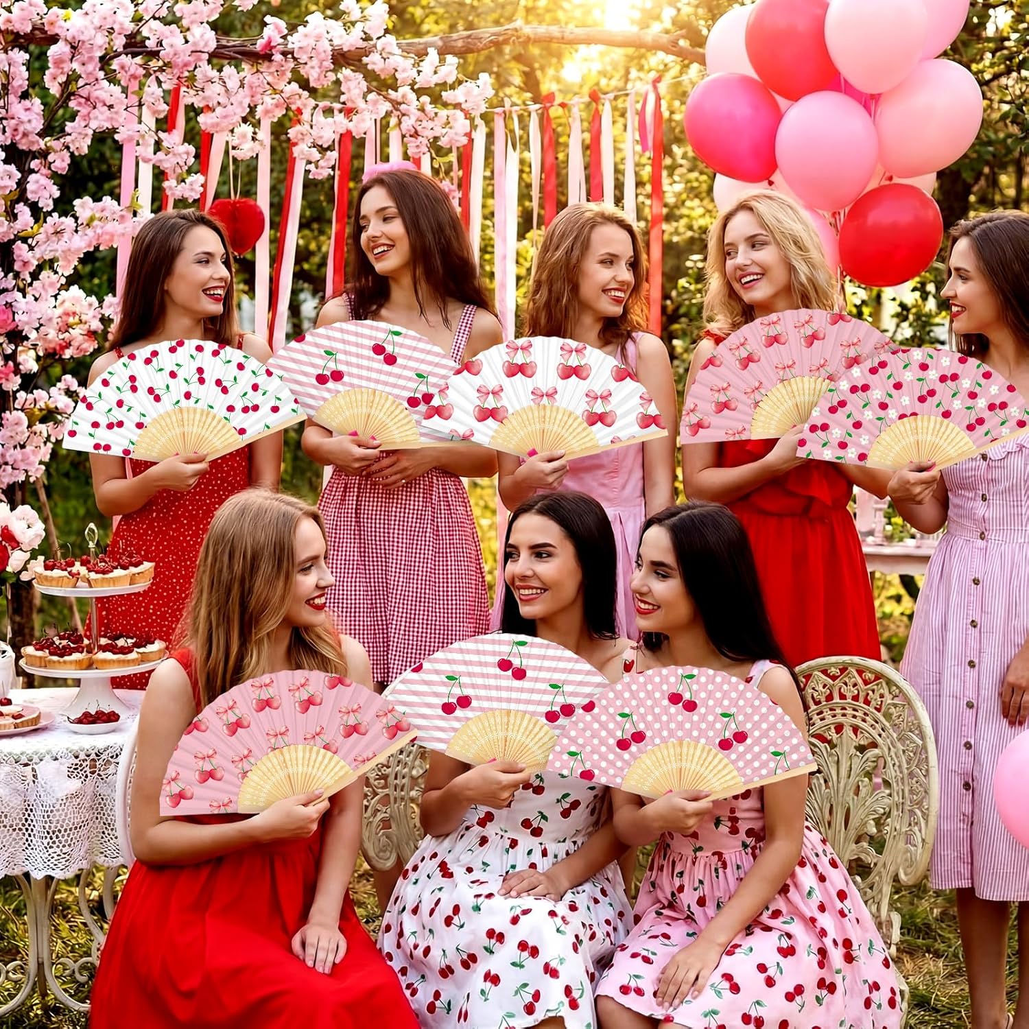 Roowest 36 Pcs Cherry Party Favor Hand Fans Cherry and Bow Folding Hand Fan Bulk Coquette Bows Cherries Pattern Collapsible Paper Handheld Fans for Cherries Themed Birthday Wedding Bridal Baby Shower