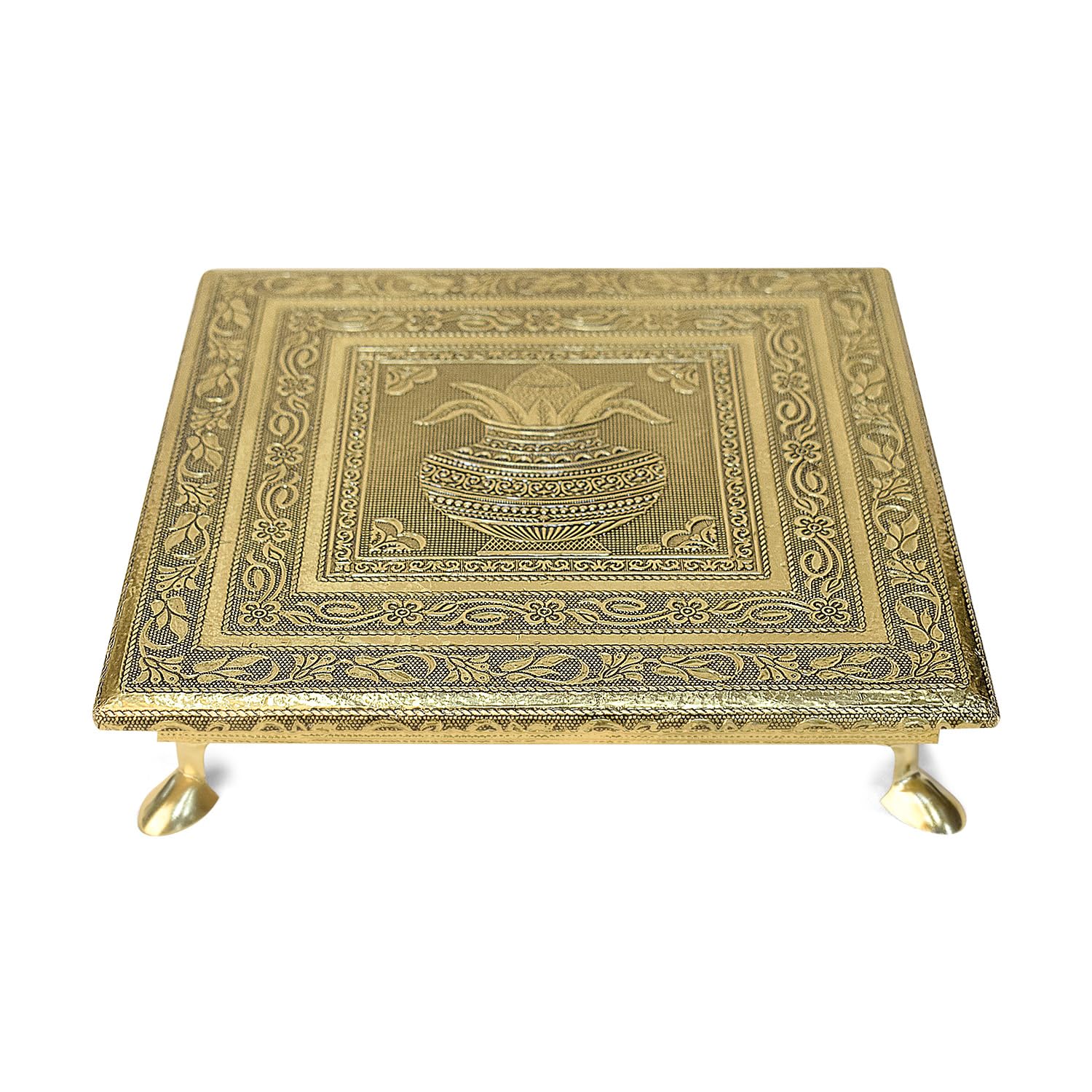 SATVIK 10 INCH Wooden Kalash Chowki | Wooden Puja Chowki with Meenakari Design for Mandir & Rituals