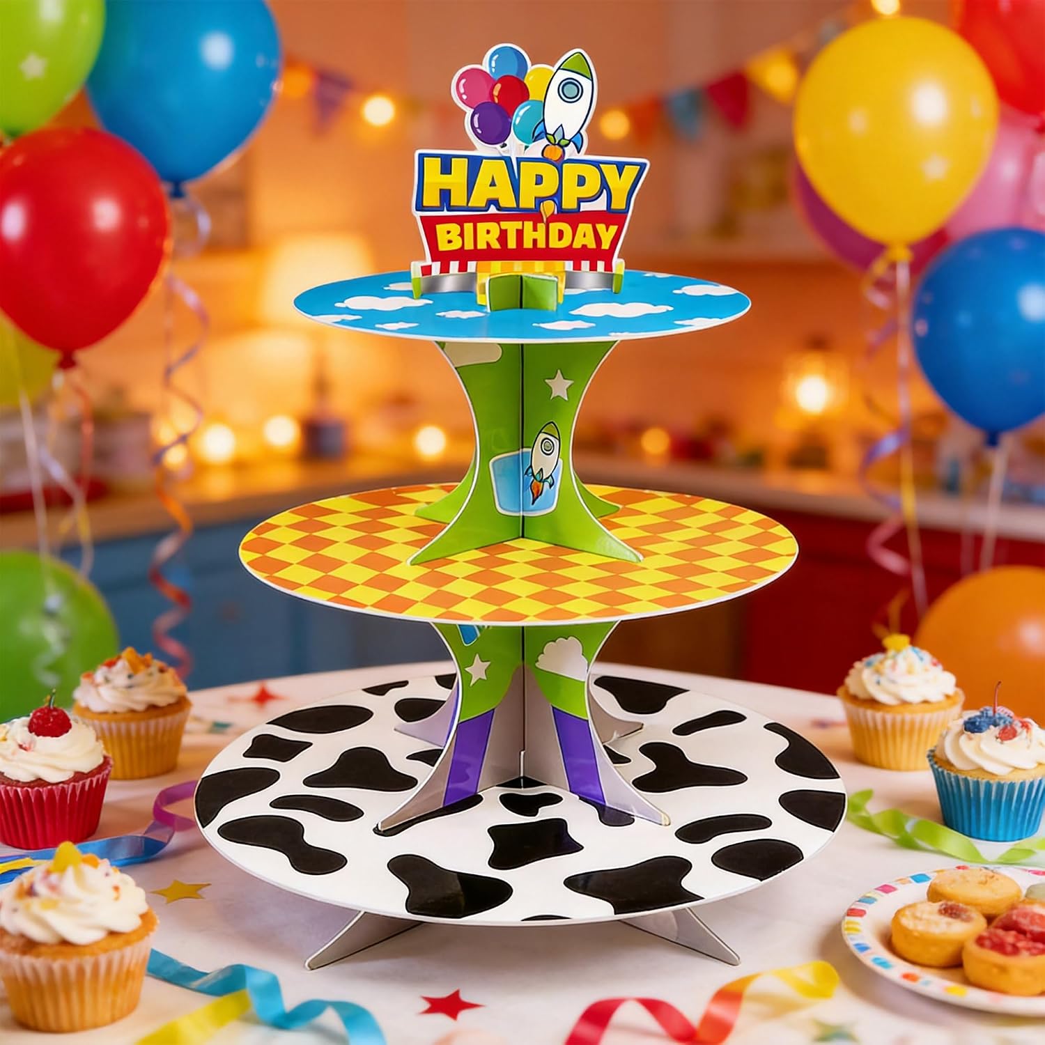 3-Tier Cartoon Story Cupcake Stand Rocket Theme Birthday Party Supplies