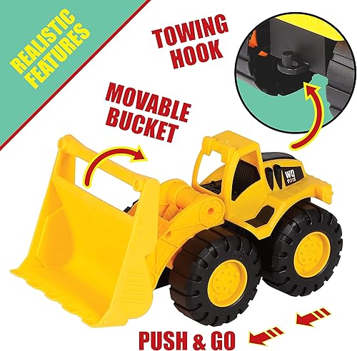 Miniatura 3 de MOBIUS Toys Camión de cama plana con excavadora de juguete tractor  escala 112, juego de vehículos de construcción Push and Go, luces y sonidos para