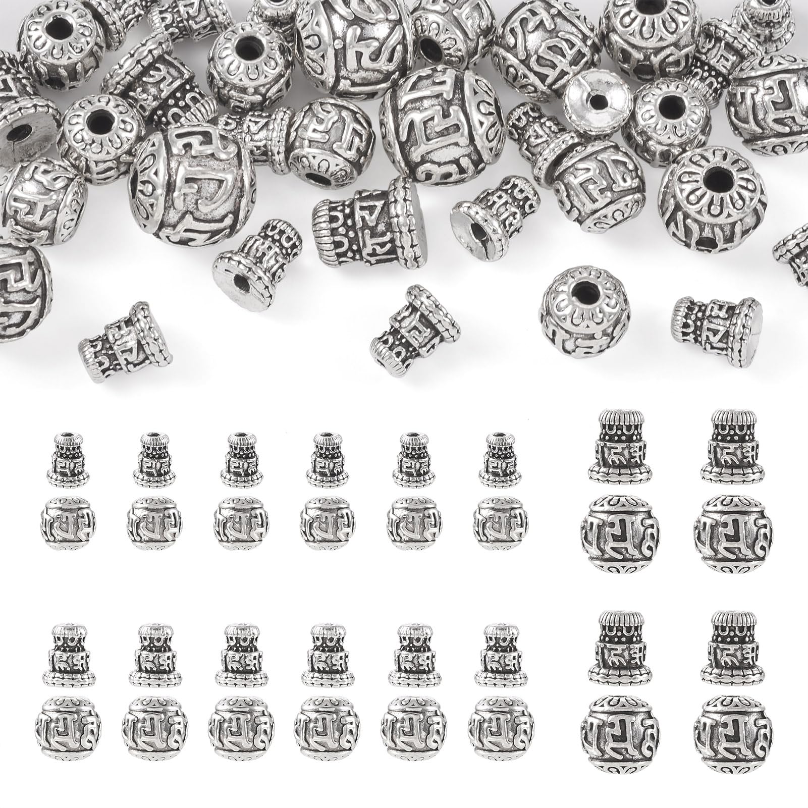 Crafans20 Sets Tibetan 3 Hole Guru Beads T-Drilled Antique Silver Spacer Beads Vintage European Beads Tower Beads Gourd with Om Mani Padme Hum for DIY Jewelry Making