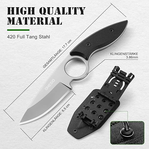 Vista 18 de Omesio Cuchillo pequeño de hoja fija, cuchillo táctico de caza y campamento con funda Kydex, mango compacto de acero inoxidable de espiga completa