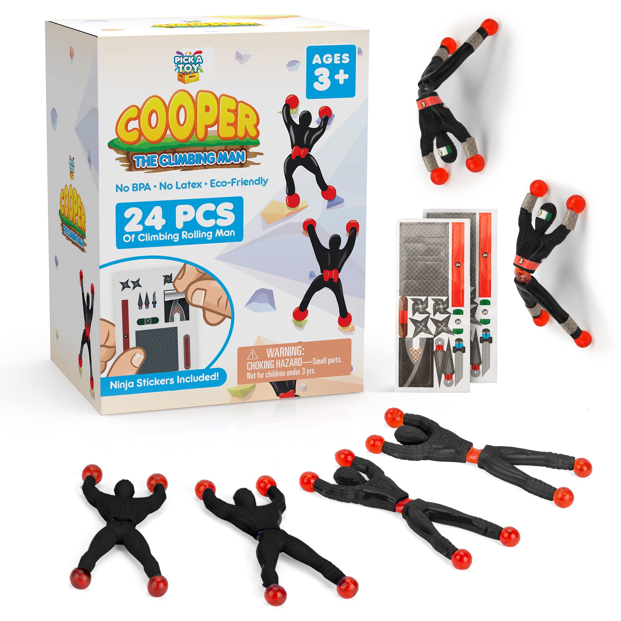 PICK A TOY 24 Sticky Wall Climbing Black Ninjas with DIY Costume Stickers – Stretchy Wind…