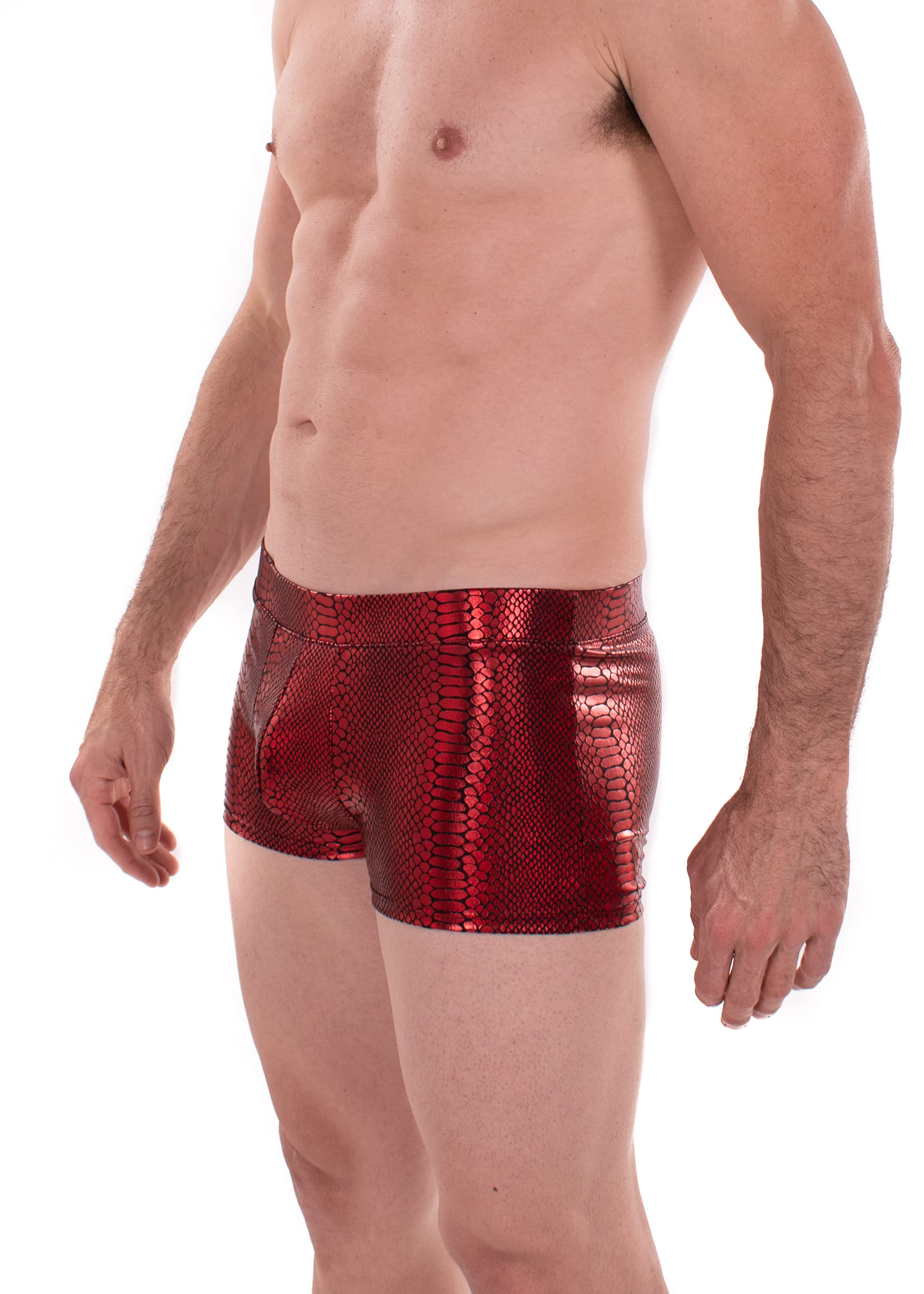 Revolver Fashion / Funstigators Festival Clothing: Men's Holographic Brief Booty Shorts with Front Pouch - Made in USA (Large, Holo Snake Red)