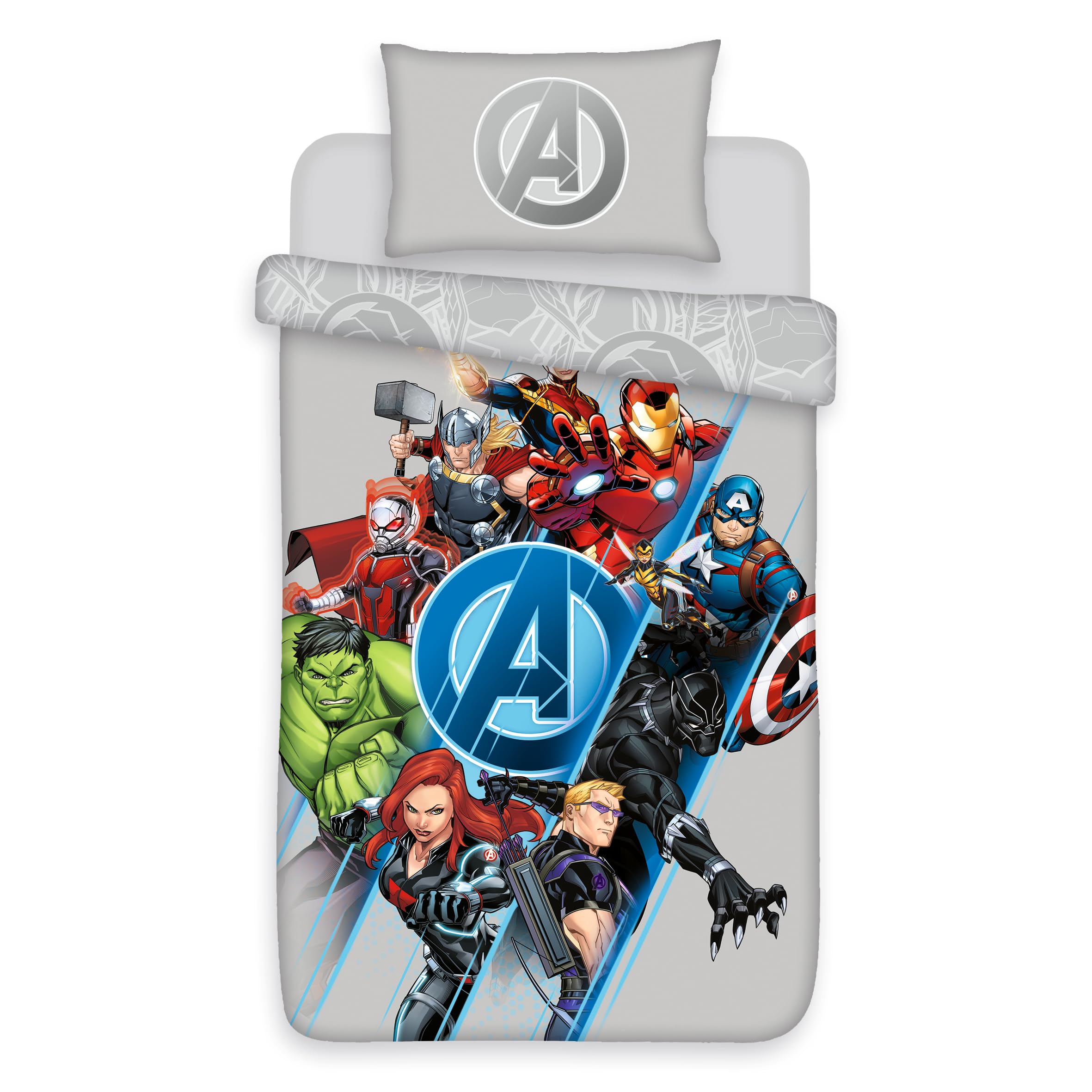 Disney Grey Marvel Avengers Single Duvet Cover Set - Polycotton Bedding With Superhero Characters - 135X200 Cm Quilt Cover With 50X75 Cm Pillowcase - Kids Bedding Set, Machine Washable, Soft & Durable