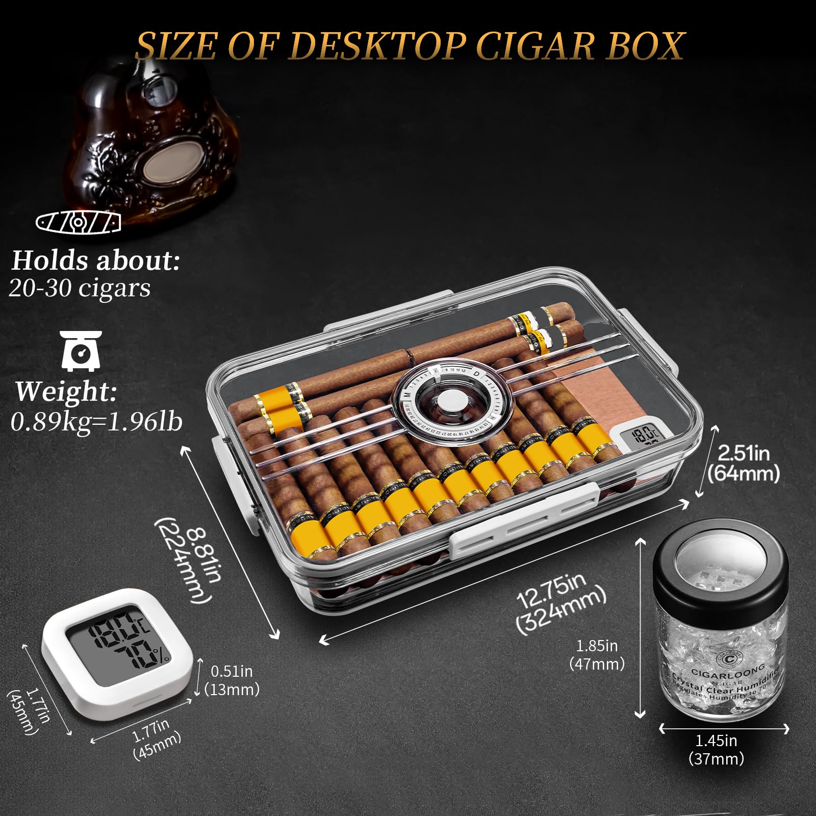 CIGARLOONG Zigarren-Humidor, eingebautes Regal aus Zedernholz mit Hygrometer und Luftbefeuchter, transparente Aufbewahrungsbox aus Acryl für Zigarren (S (für 20–30 Zigarren))