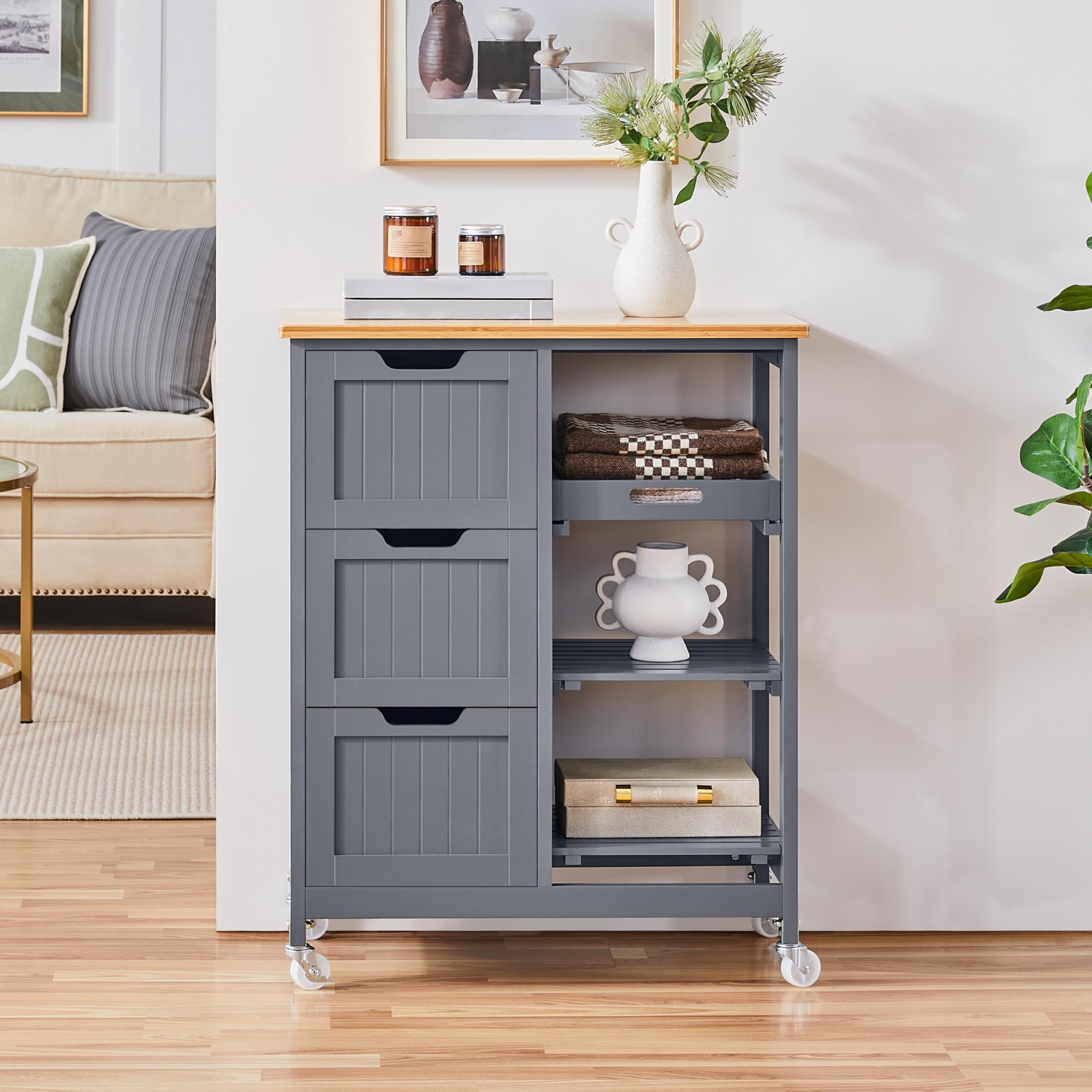 Yaheetech Carrito de Cocina 4 Ruedas Carro de Almacenamiento con 3 Cajones y 3 Estantes Carrito de Servicio de Madera 67 x 37 x 84,5 cm Gris Oscuro