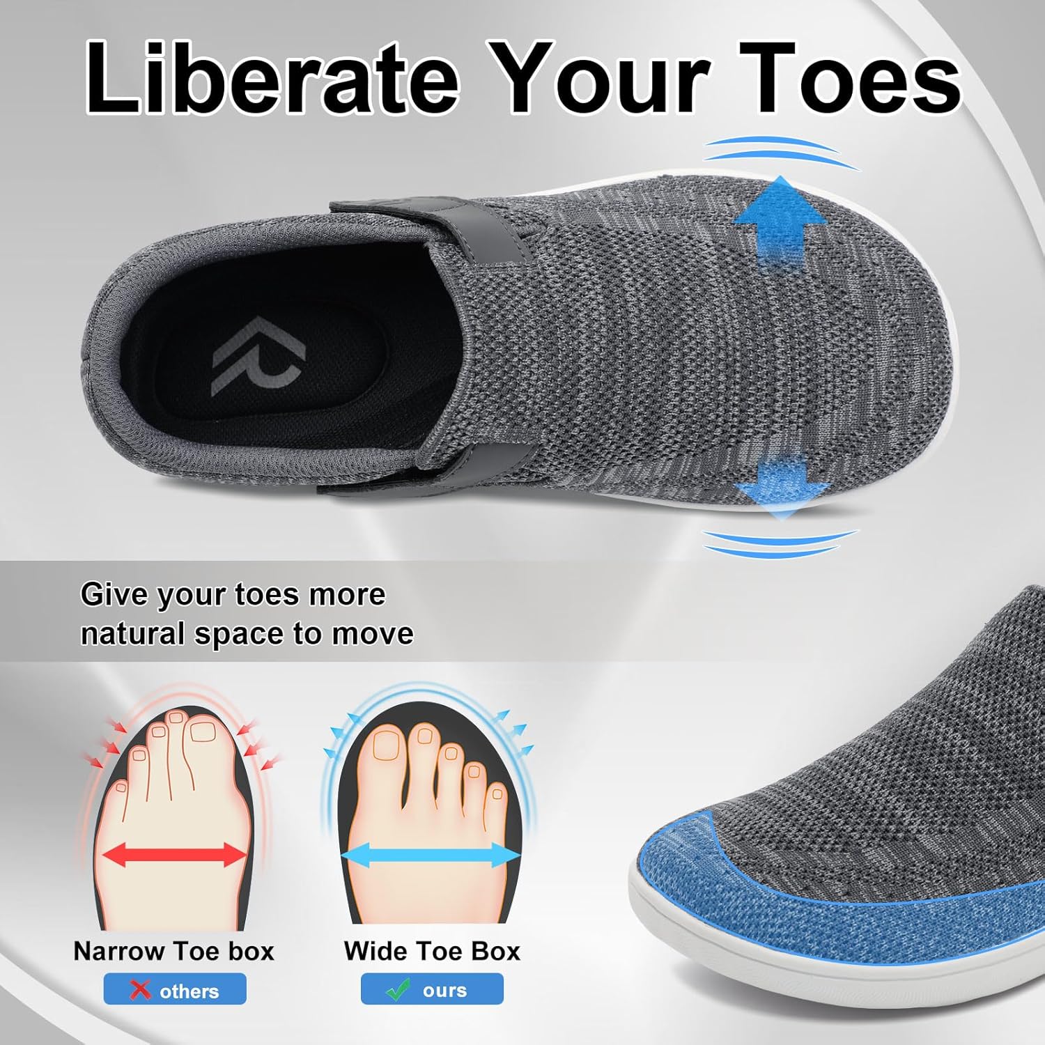 relxfeet Men's Diabetic Walking Shoes Extra Wide Adjustable Slip On Orthopedic Barefoot Zero Drop Sneakers for Swollen Feet - Image 3