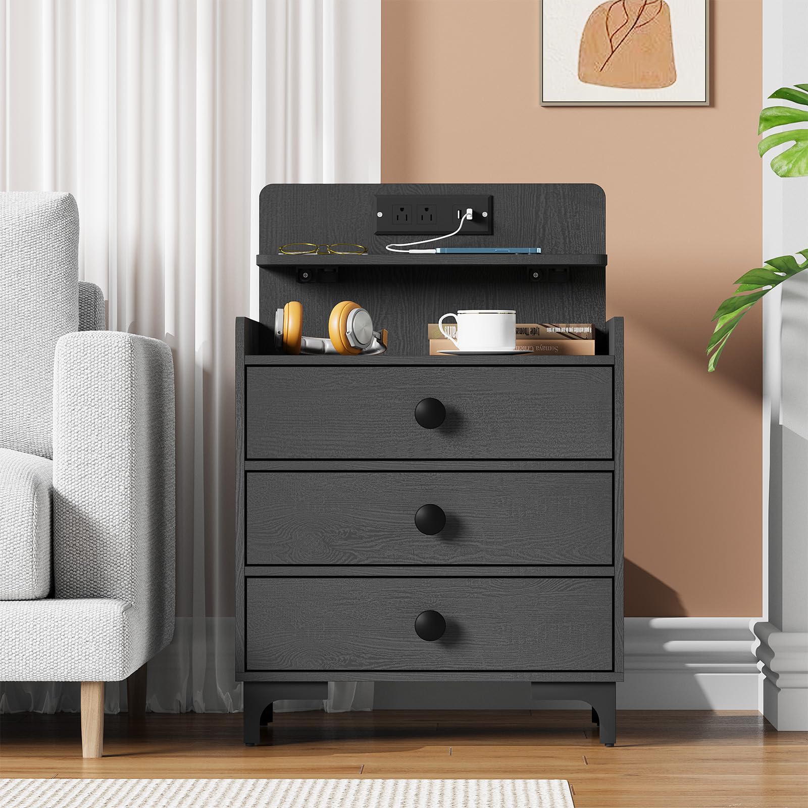 Rreyet Nightstand with Charging Station, 3 Drawer Night Stand with USB Ports and Open Storage Shelf, Modern Bedside Table for Bedroom, Sofa Side, Closet, Black