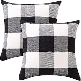 ORANIFUL Funda de Cojín de Tartán, 16x16 Pulgadas, Juego de 2 Fundas de Almohada Cuadradas Decorativa Lino para Hogar, Sofá, Silla, Cama, Sala de Estar Dormitorio 40cm x 40cm (Negro&Blanco)