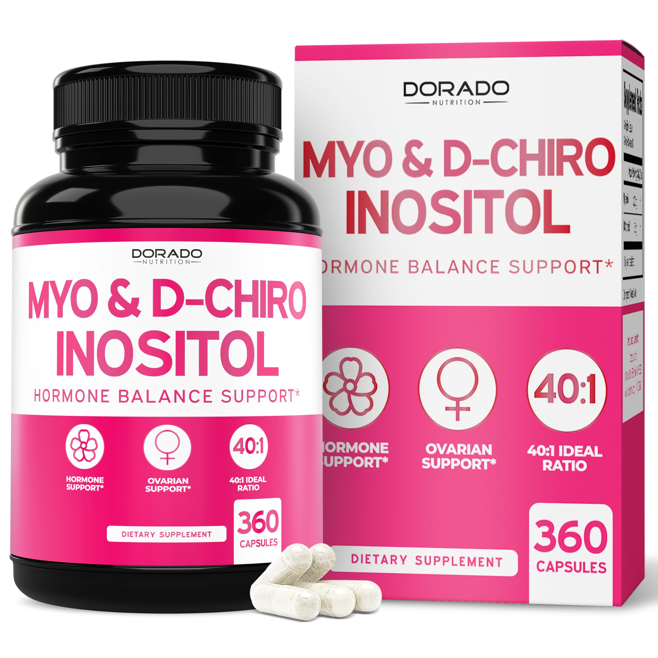 Myo-Inositol & D-Chiro Inositol Supplement For Women (360 Capsules, 2050mg Per Serving Ideal 40:1 Ratio Myo Inositol) Hormone Balance for Women - Third Party Tested, Vegan Safe & USA Made - 360 Count 360 Count (Pack of 1)