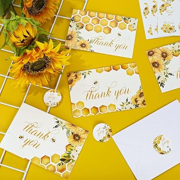 AnyDesign 30 Pack Sunflower Bee Thank You Cards Bulk Floral Honeycomb Greeting Cards with Seal Stickers Envelopes Blank Note Card for Wedding Baby Bridal Shower Birthday Party Invitation
