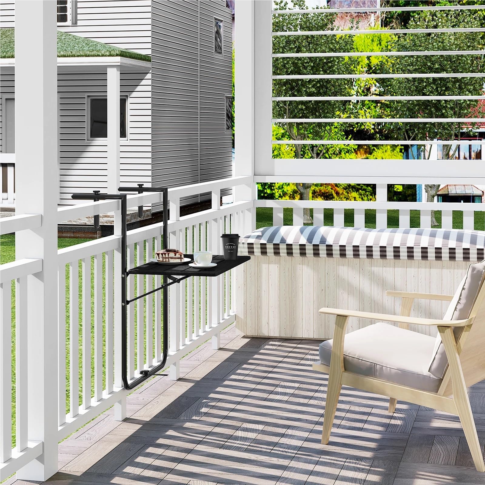 Table Balcon Suspendue Table de Balcon Murale Pliable, 3 Niveaux, réglable en Hauteur, résistante aux intempéries, 60 x 36 cm