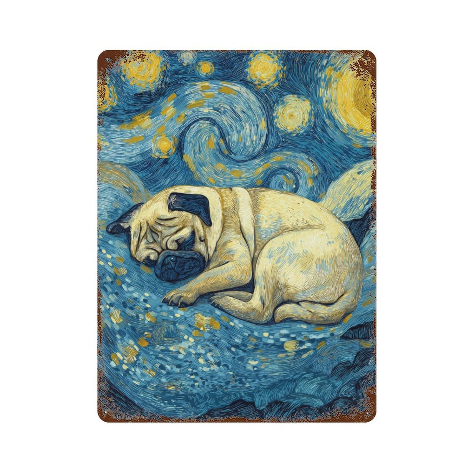 Starry Night Pug Vintage Metal Tin Sign 15.7"x11.8", Ideal for Living Room, Hallway And Home Decor