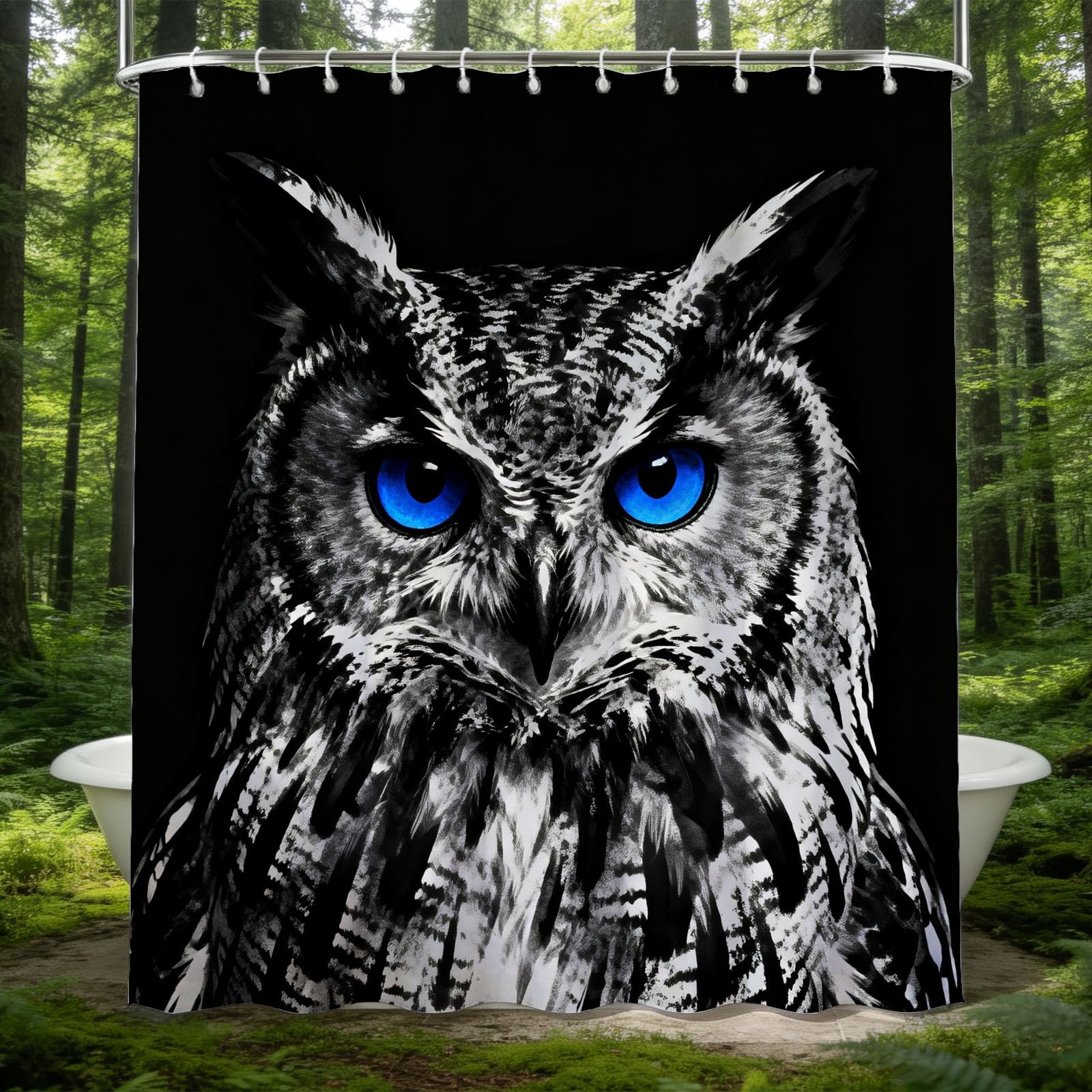 Hongduo 3D Owl Shower Curtain for Stalls Bathtubs Blue Eye Bathroom Decor Shower Curtain Set Polyester Fabric Waterproof 180x180cm/71X71 Inch with Hooks