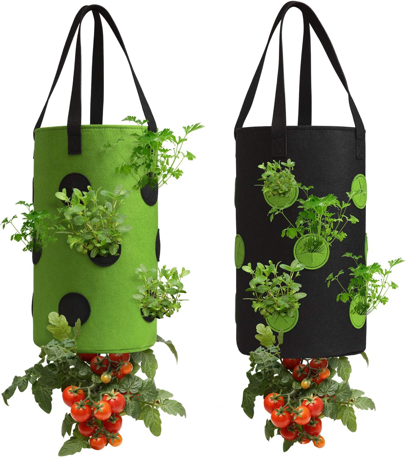 2 Pack Black and Green Upside Down Tomato & Herb Planter, Hanging Durable Aeration Fabric Strawberry Planter Bags