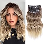 NAYOO Clip in Hair Extensions for Women 14 Inch Short Wavy Curly Ombre Brown to Blonde Hairpieces Full Head Synthetic Hair Hairpieces(6PCS,Ombre Brown to Blonde)