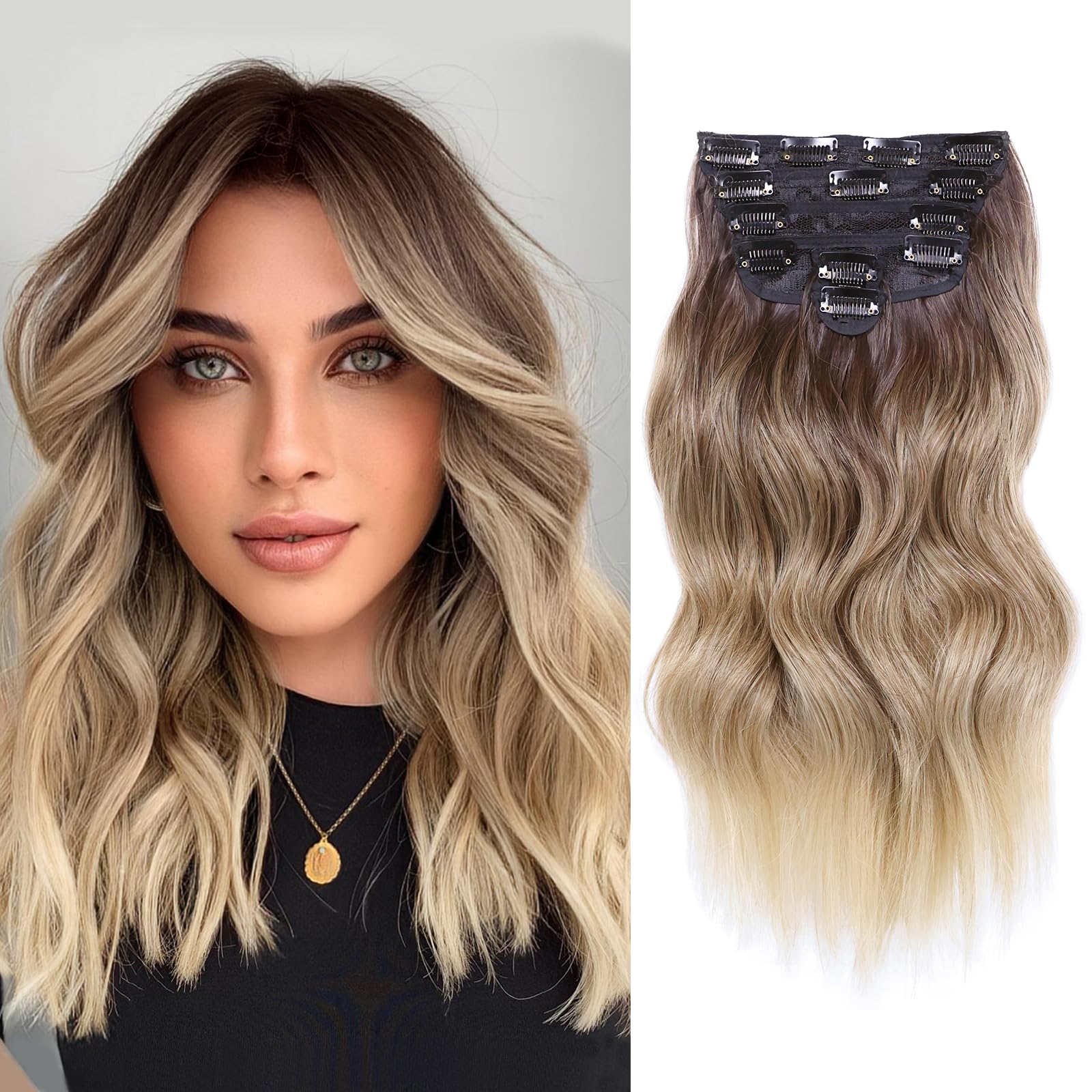NAYOO Clip in Hair Extensions for Women 14 Inch Short Wavy Curly Ombre Brown to Blonde Hairpieces Full Head Synthetic Hair Hairpieces(6PCS,Ombre Brown