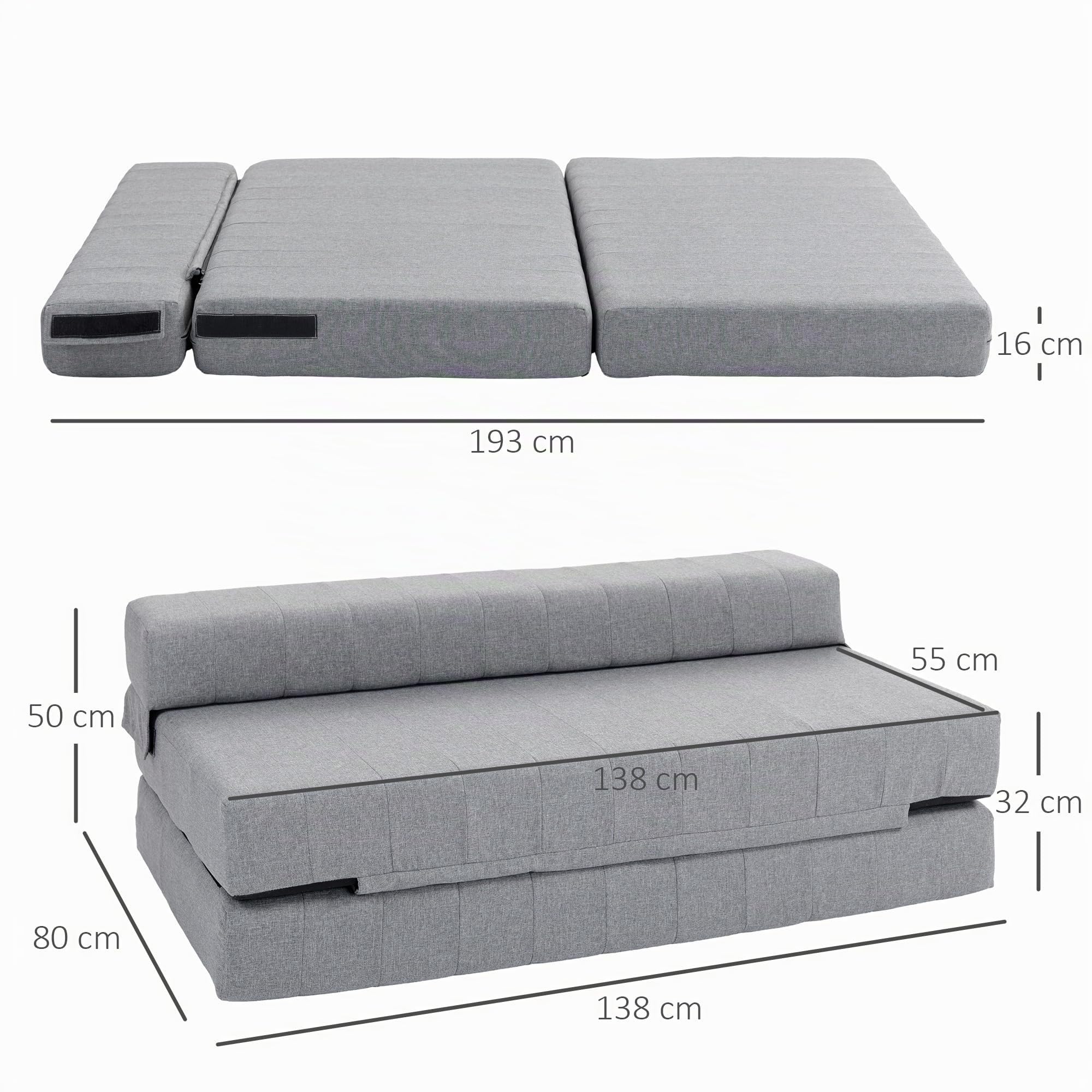 HOMCOM Bodensofa 2-in-1 Klappbar für 2 Personen bis 250 kg Belastbar Grau