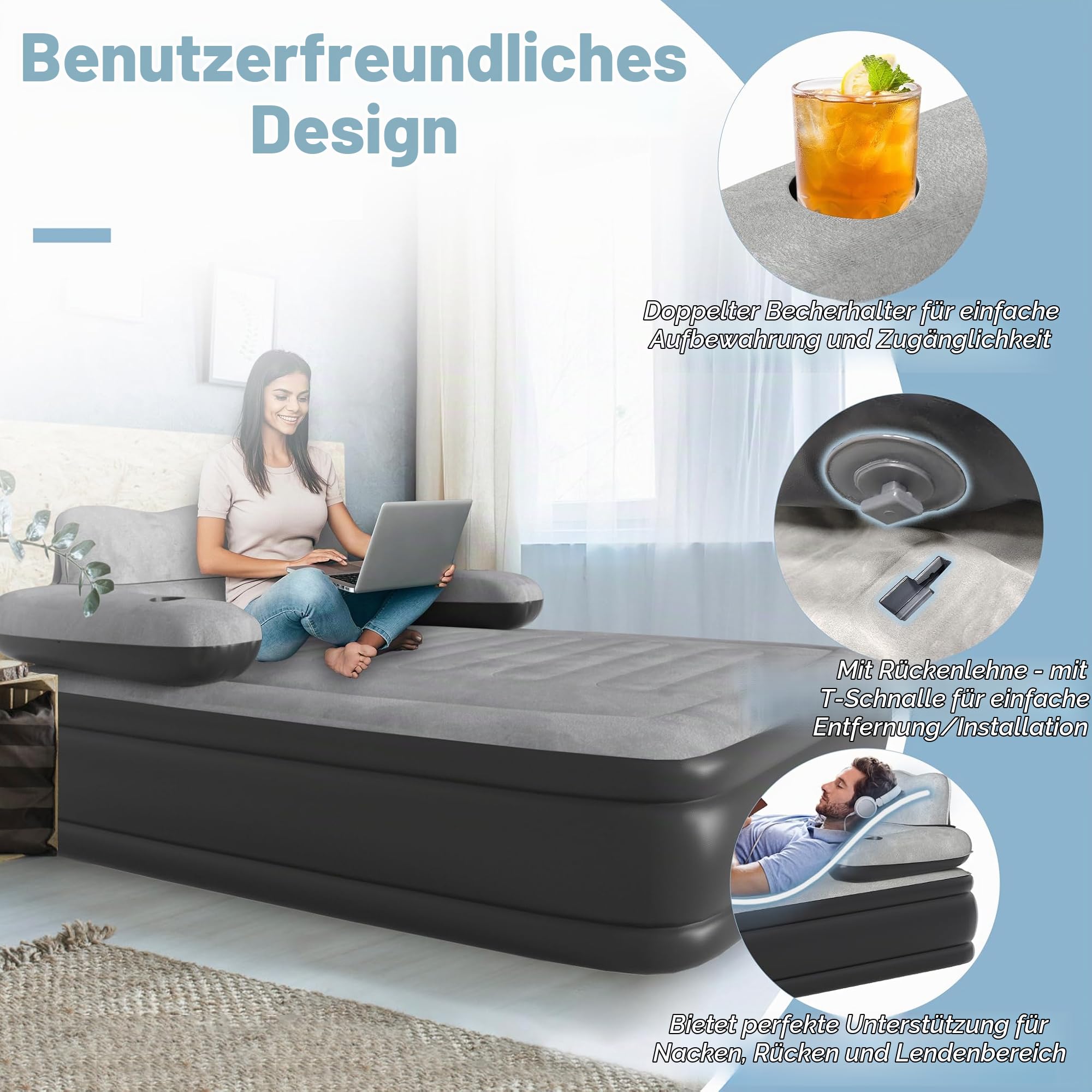 NAIZY Luftmatratze 195×146×42 cm Luftbett für 2 Person Aufblasbare Matratze mit Rückenlehne Camping Bett inkl. Luftpumpe, Gästebett Reisebett Max bis 250KG