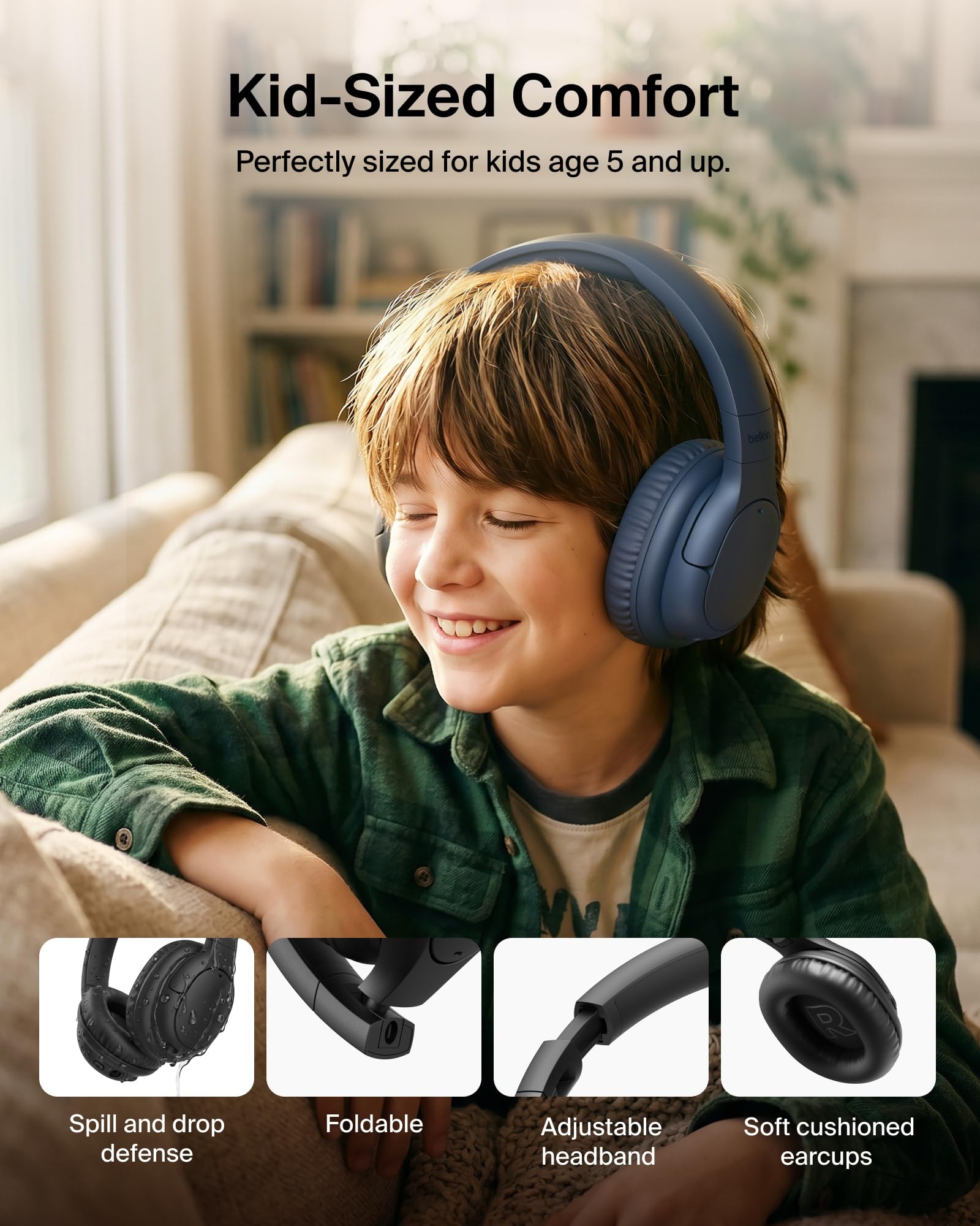 Belkin SoundForm Play ANC Casque pliable pour enfants, volume sûr 80 dB