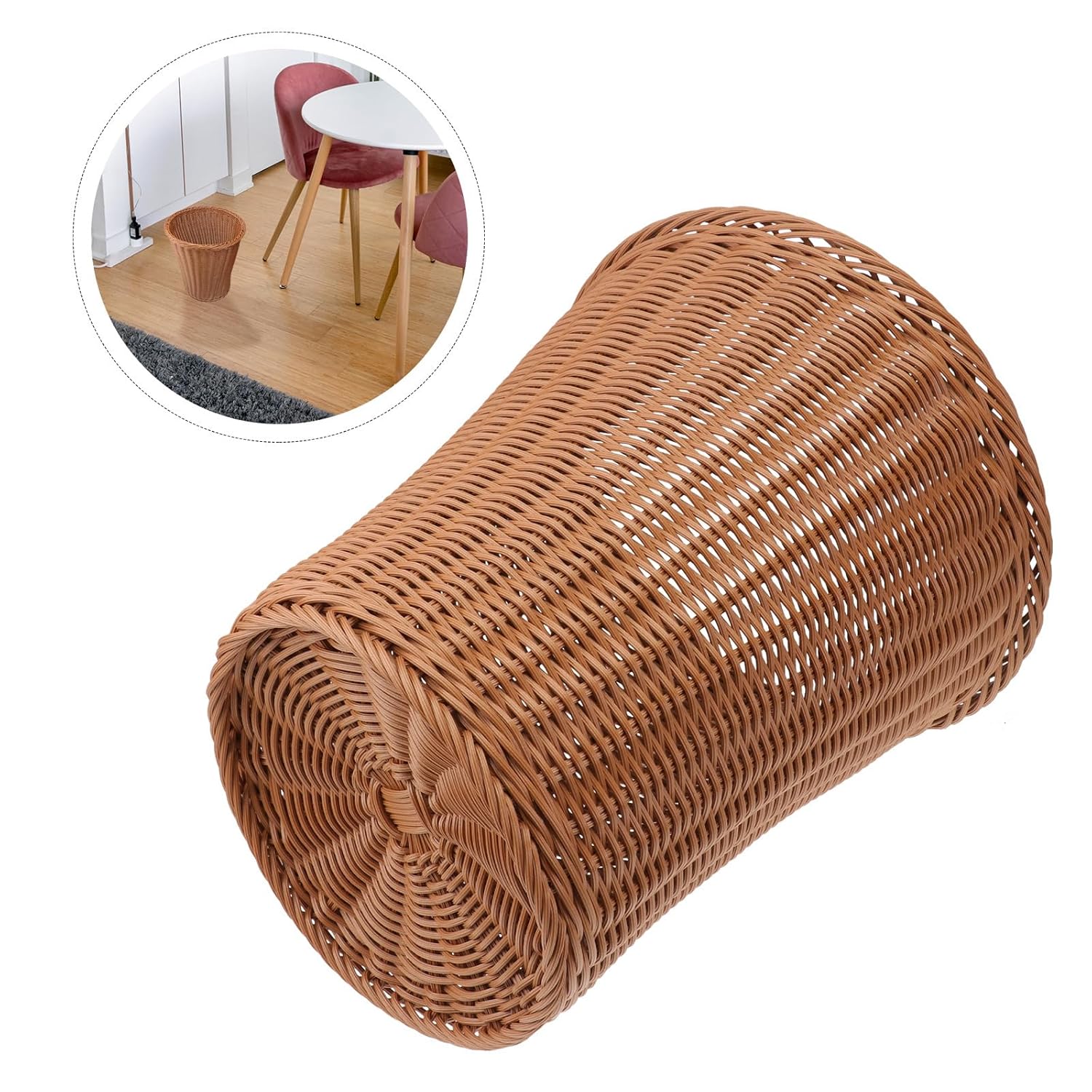 Happyyami Woven Rattan Trash Can Wastebasket 29x29cm Open Top Rubbish Basket for Home Bathroom Bedroom Office Storage and Organization Random Color