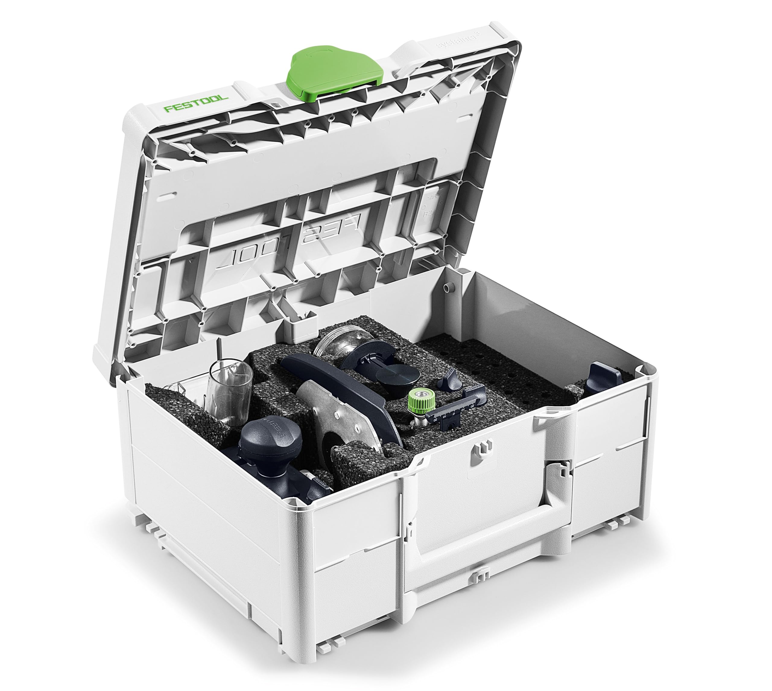 Festool ZS-OF 1010 M Set de Accesorios para Fresadora OF 1010 | Adaptador de carril guía, compás de varas, anillos copiadores, mandril de centrado y colector de virutas