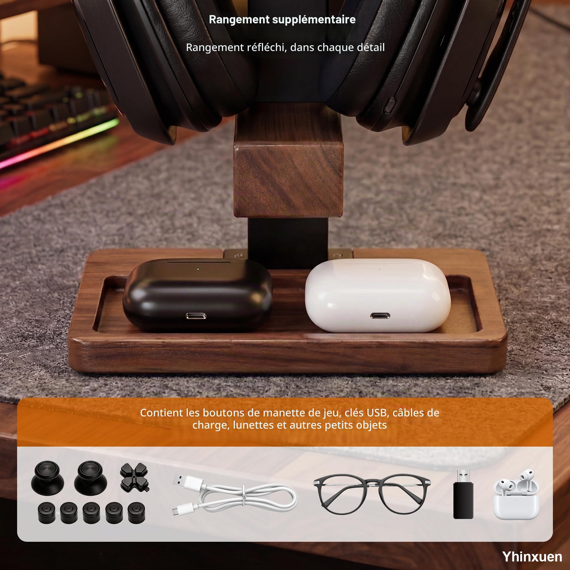 Support 2 en 1 pour manette et casque, Étagère de rangement à deux niveaux en bois massif pour accessoires de jeu. Support pour manette de jeu universelle/casque (Marron clair)