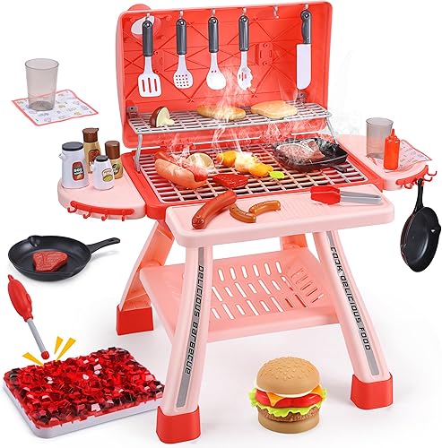 CUTE STONE Barbacoa para niños, juego de parrilla con sonido, luces y spray de niebla fría, juego de parrilla para niños con utensilios y alimentos,