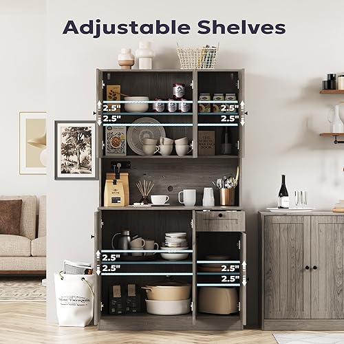 Miniatura 4 de Armario de despensa de 71 pulgadas con estación de carga, armario alto de almacenamiento de despensa de cocina con soporte para microondas, gabinete