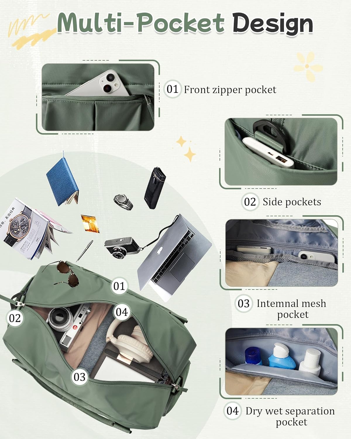 Travel Duffel Bag with Shoe Compartment, Large Weekender Bags for Women with Trolley Sleeve for Airplane, Waterproof Carry on Bag Sport Tote Bags Hospital Holdalls, Green - Image 4