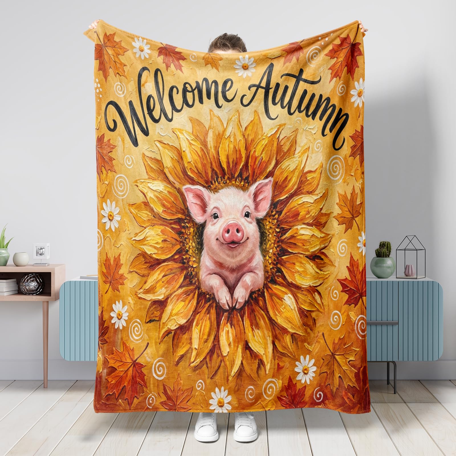 Couverture pelucheuse motif tournesol d'automne grand format 152x203