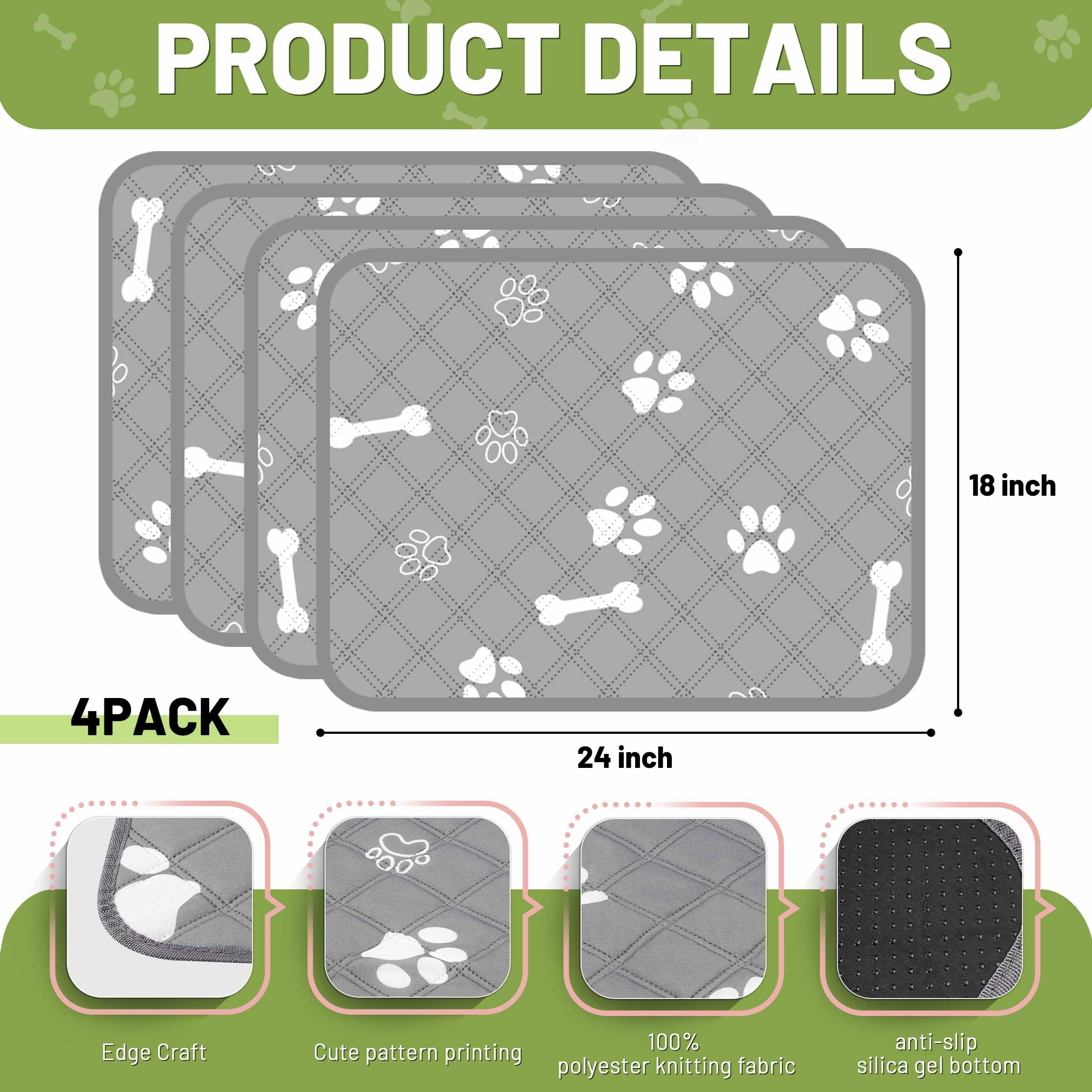 PatiencET Almohadillas lavables para orina para perros, 18 x 24 pulgadas, reutilizables, superabsorbentes, paquete de 4 almohadillas para orinal para cachorros con parte inferior impermeable para