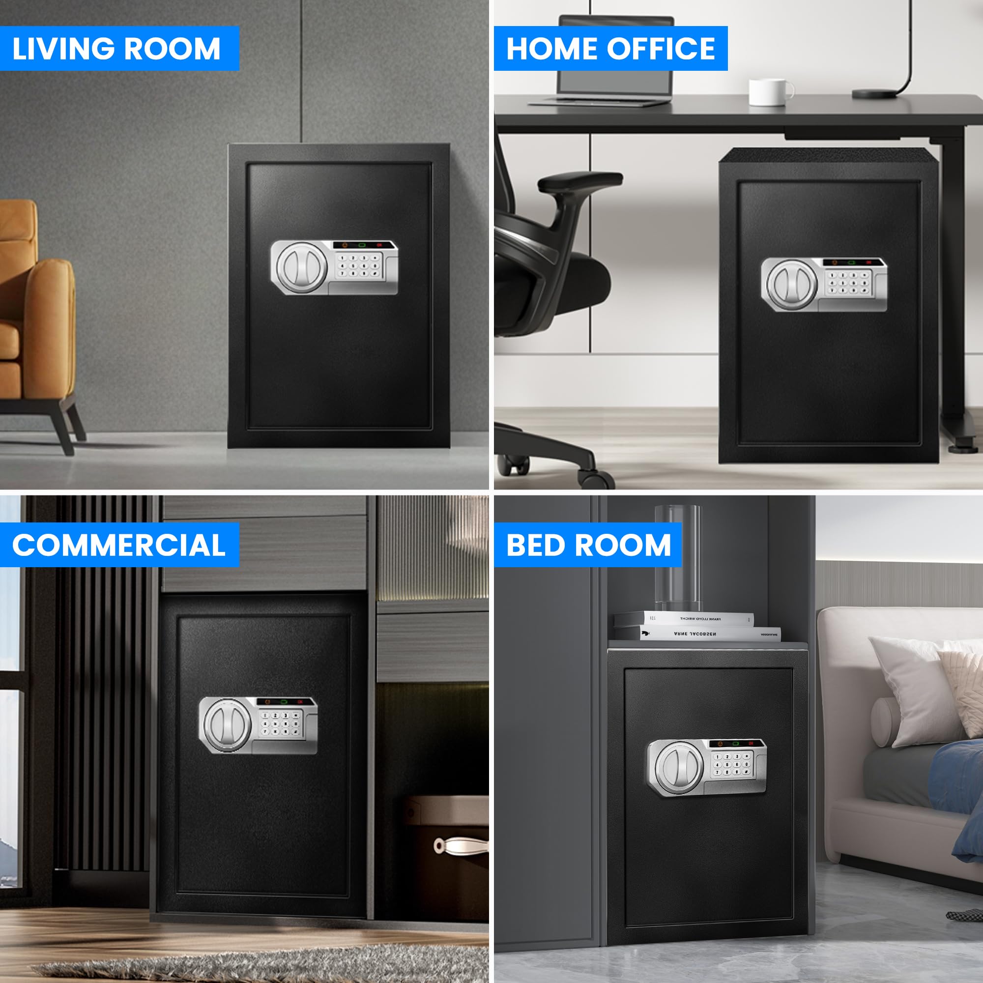 Caja fuerte ignífuga impermeable para el hogar, caja de seguridad digital electrónica de acero, caja de seguridad personal con sensor de luz LED y compartimento de alimentación externo para