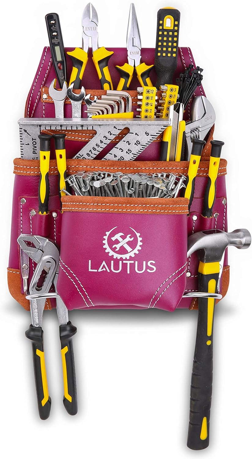 LAUTUS Oil Tanned Leather Tool Pouch Bag |Burgundy |Carpenter, Construction, Framers, Handyman | 10 Pockets, 2 Hammer Holders | 100% Leather