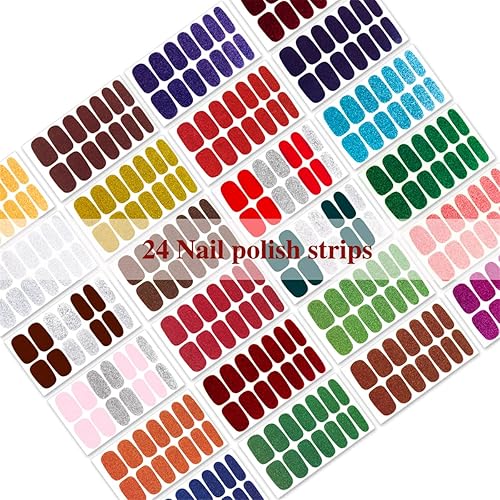 Miniatura 2 de JERCLITY 24 hojas de tiras de esmalte de uñas de color sólido con purpurina con lima de uñas, calcomanías autoadhesivas de uñas completas para
