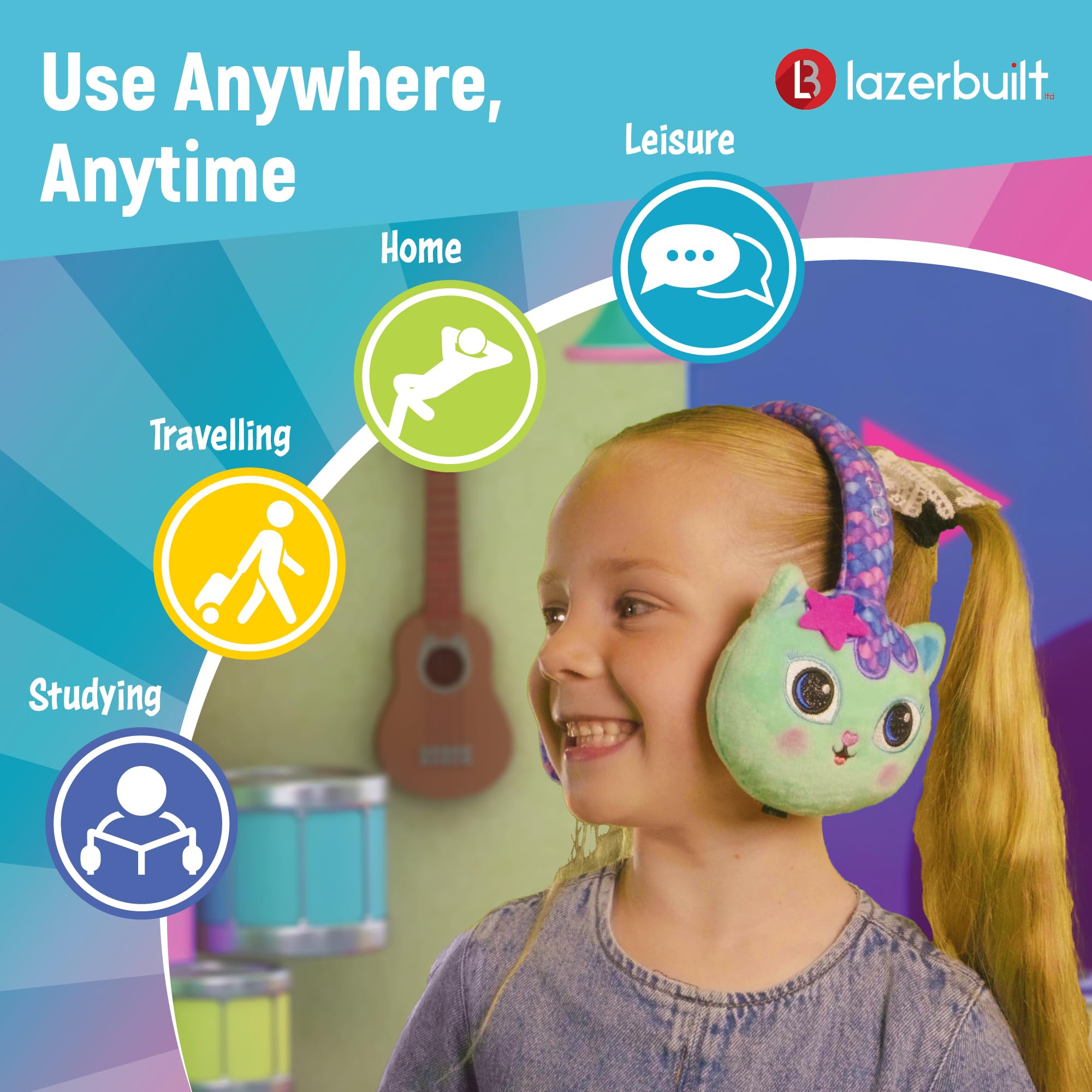 Gabby's - Cuffie Bluetooth per casa delle bambole con portata di 10 metri, controllo del volume, morbidi cuscinetti auricolari in peluche con archetto regolabile, pulsanti Play/Pausa/Volume/Skip e 200
