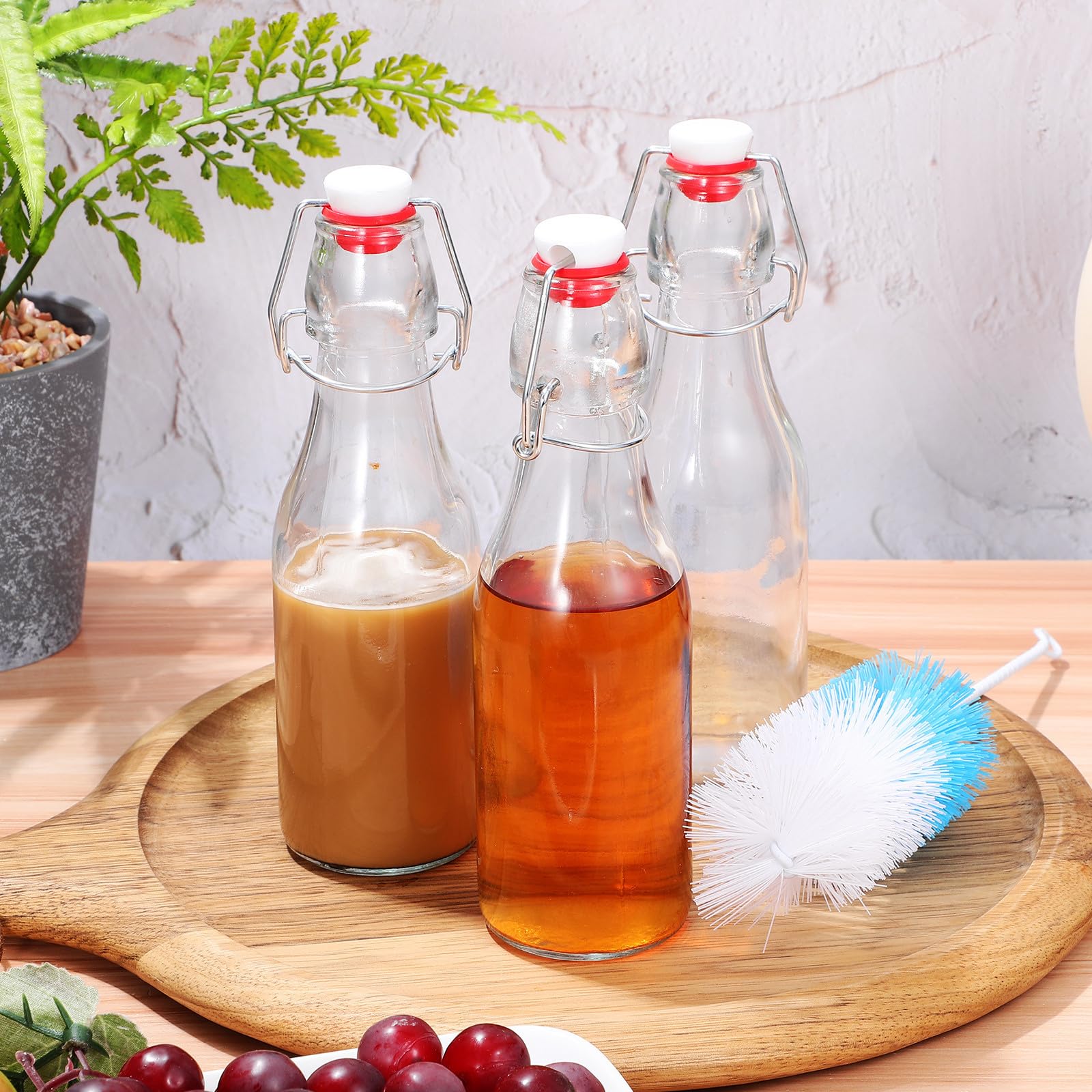 TOYANDONA Juego de 6 Botellas de Vidrio con Tapa Abatible y Hebilla Antifugas, Capacidad 250ml, con Cepillo para Limpieza, Adecuado para Picnic y Barbacoas en Jardín