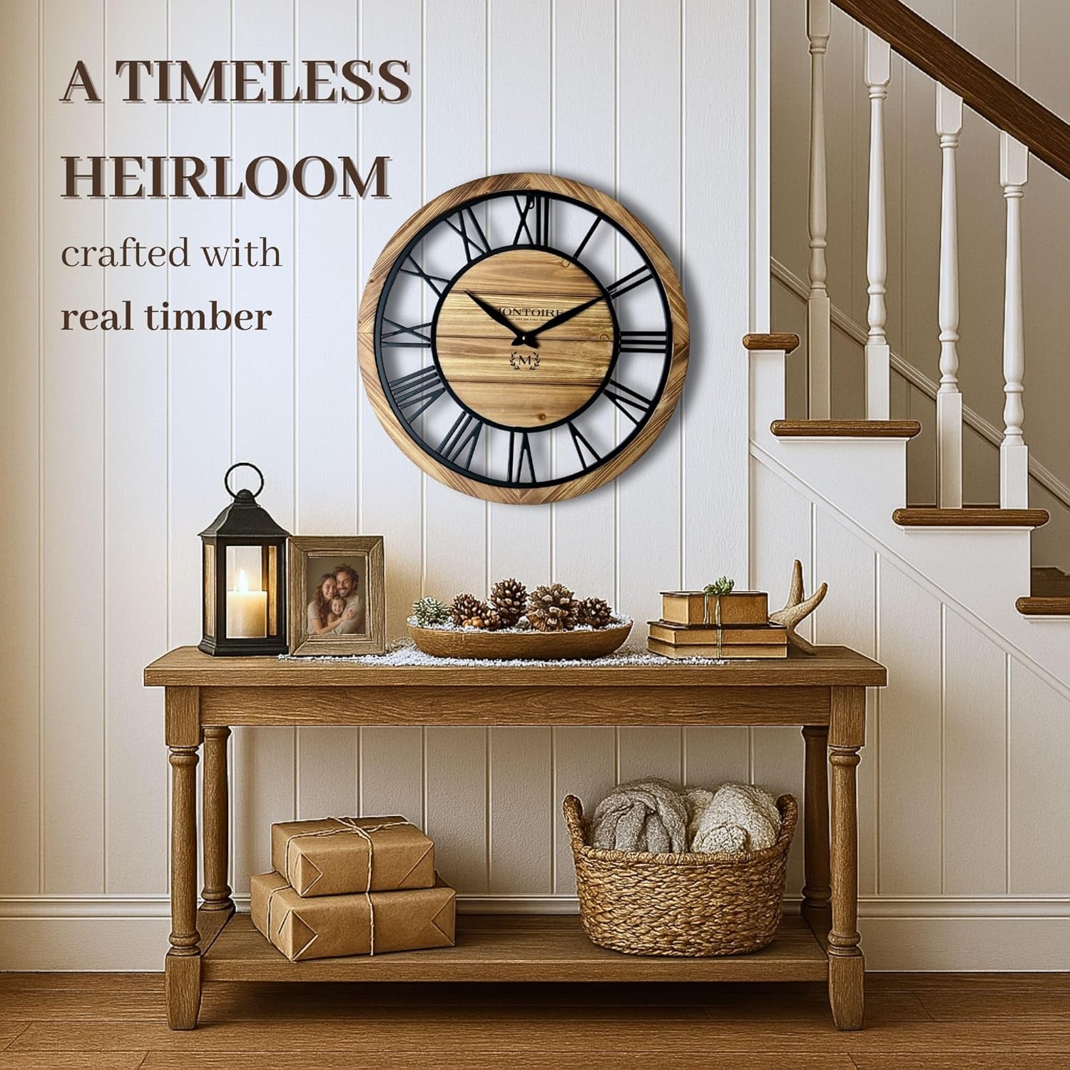 Montoire 24 Inch Wooden Farmhouse Wall Clock, Extra Large for Living Room Decor - Big Rustic Wood Large Round Wall Clock 24 Inches or Larger, Battery Operated with Decorative Roman Numerals