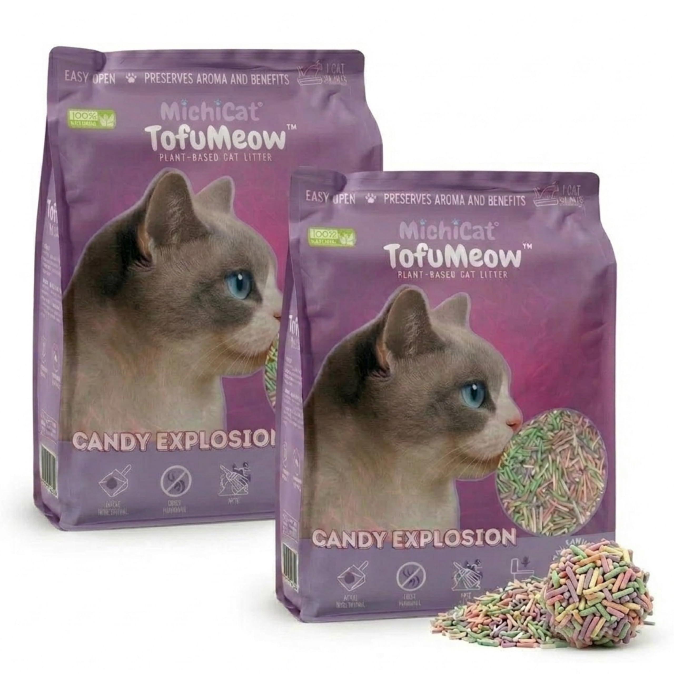 MichiCat Arena de Tofu para Gatos TofuMeow, 6 kg (2x3kg) Arena Aglomerante para Gatos Vegetal Biodegradable, Libre de Polvo, Control de Olores Avanzado, Desechable en WC