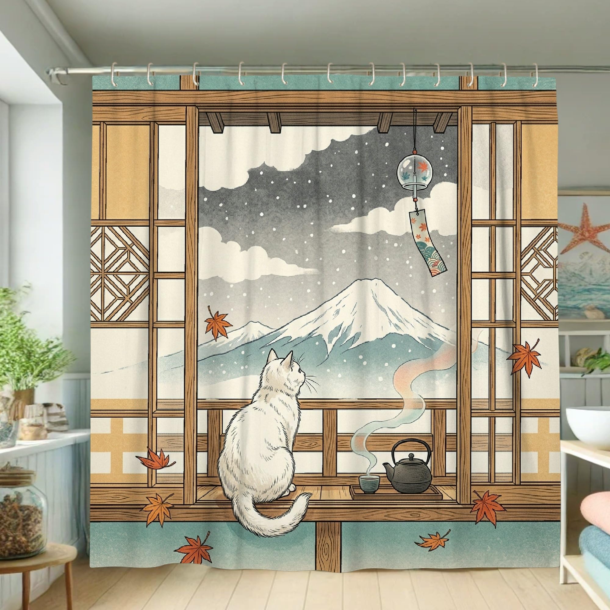 Rideau de douche motif chat nature japonaise montagne automne bleu tissu imperméable 183x183