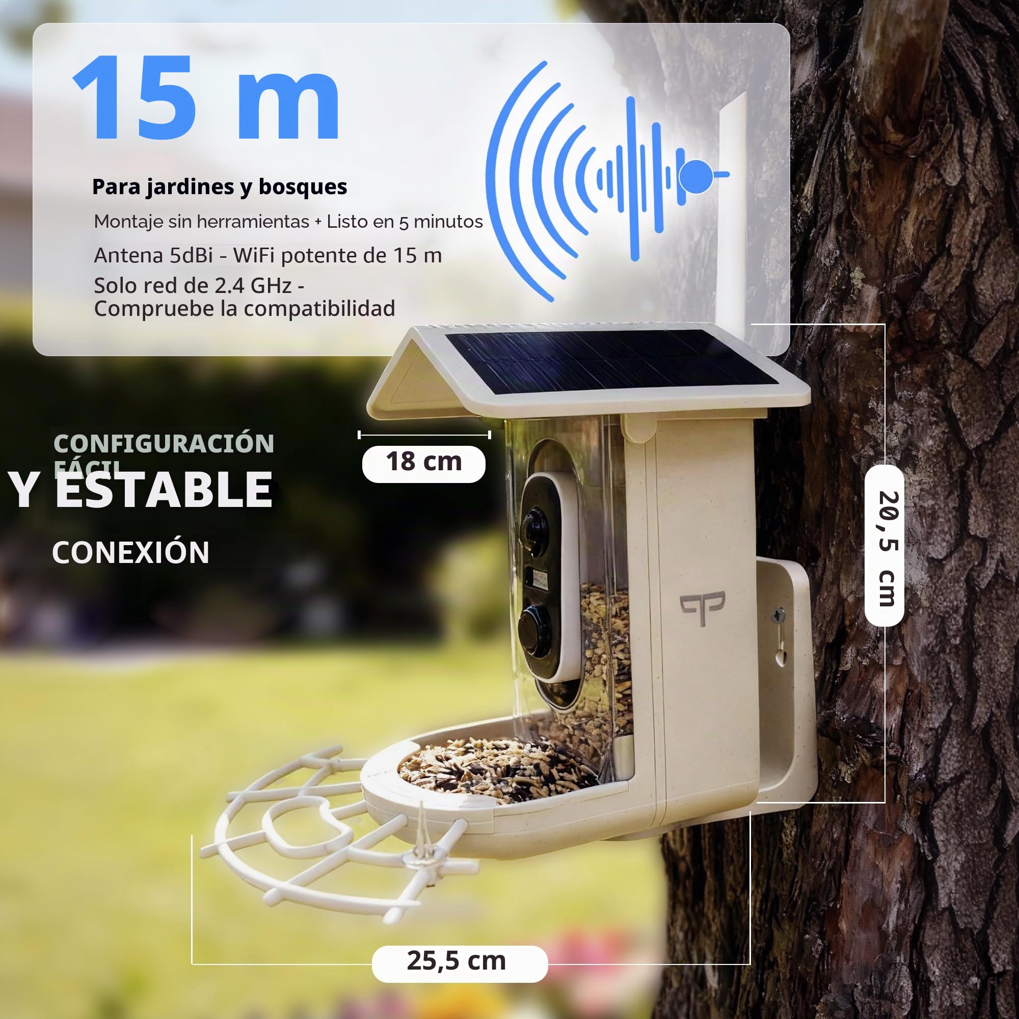 Origem Comedero Pajaros Exterior Paja de Trigo,1,7 L Solar Comedero Pajaros Camara,Prima SD de 64 GB,Impermeable IP65, Visión Nocturna 2K HD, AI Identifica 10000+ Pájaros, Notificación Instantánea