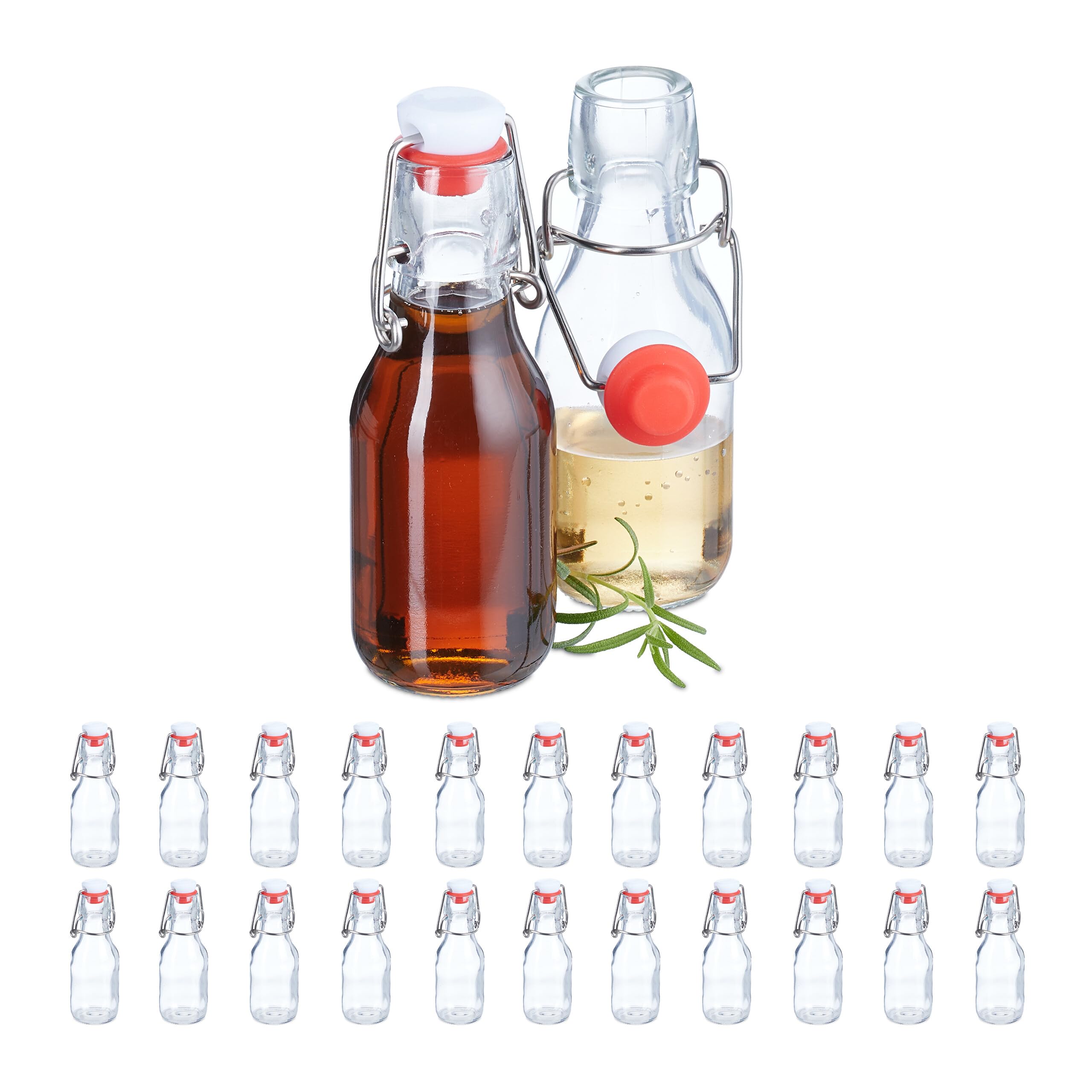 Relaxdays Glass Bottles, Set of 24, 100 ml each, with Swing Clip Top, Refillable, for Oils, Vinegar, Liqueur, Clear