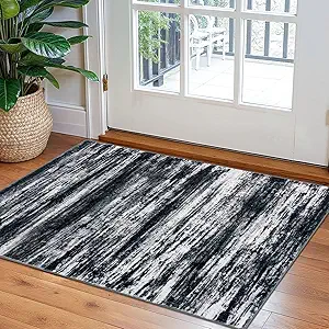 KOZYFLY Modern Abstract Small Area Rugs, 2x3 Washable Kitchen Rug Non-Slip Soft Small Bathroom Rug, Black Navy Blue Grey Striped Entryway Rugs Faux Wool Doormat for Bedside Entrance Bedroom Sink