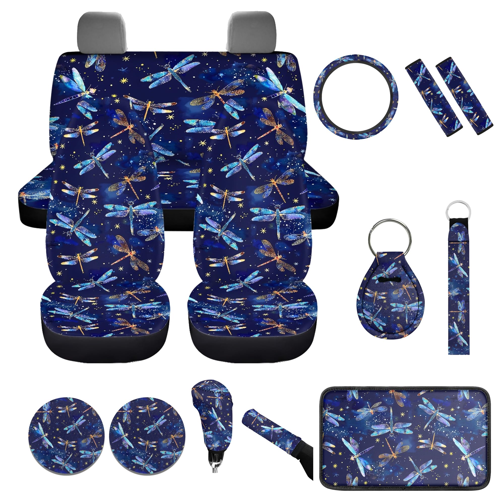 Set completo di 14 coprisedili per auto, motivo libellula blu, coprivolante con libellula fluo, imbottiture per cinture di sicurezza, sottobicchieri, copribraccioli, copertura per freno a
