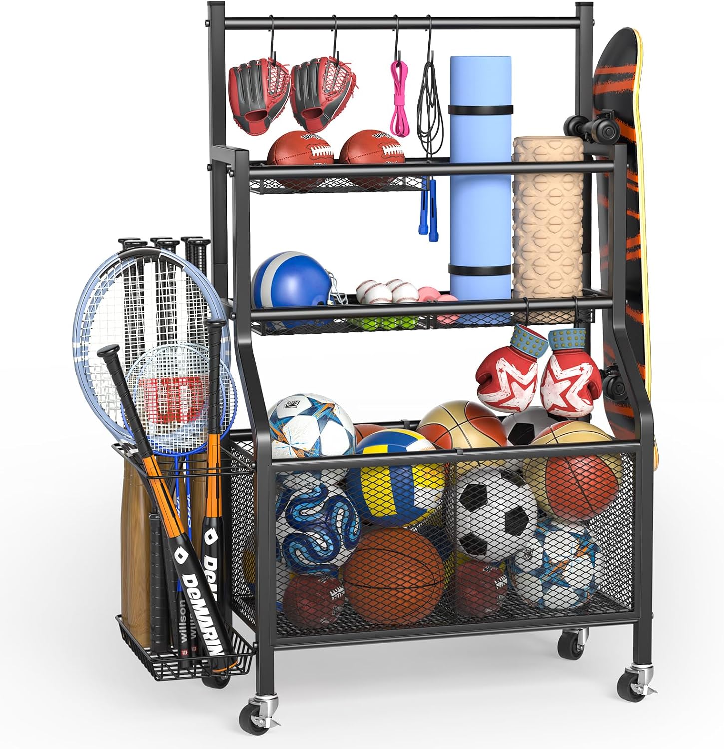 Garage Sports Equipment Organizer – Ball Storage Rack Heavy Duty Steel Ball Storage with 360 Rotaing Casters, Sports Organizer for Garage, Ball Rack for Basketball, Indoors and Outdoors